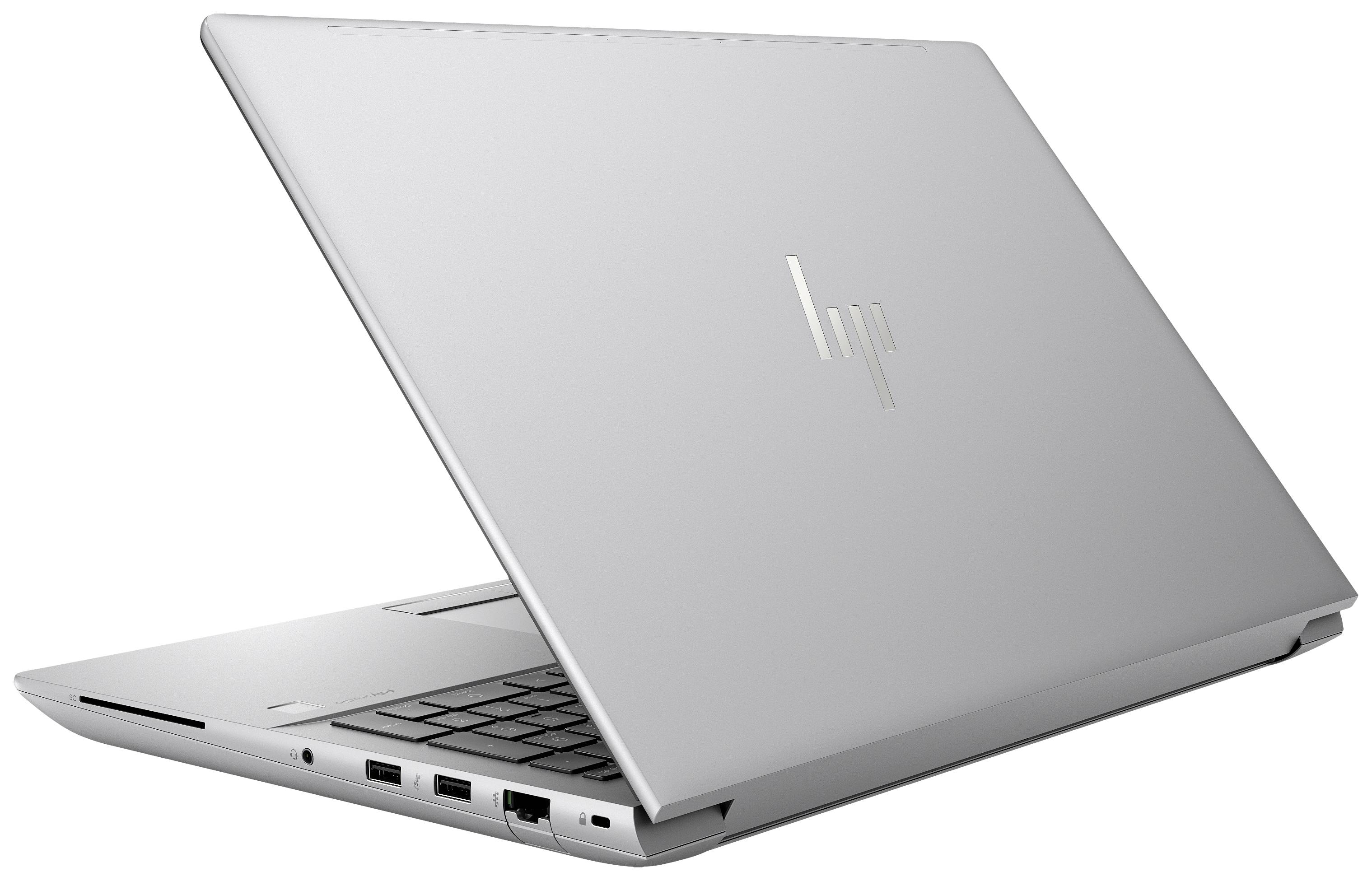 Ein silberner Laptop in einem seitlichen Winkel, der teilweise geöffnet ist. Das HP-Logo ist auf der Rückseite sichtbar.