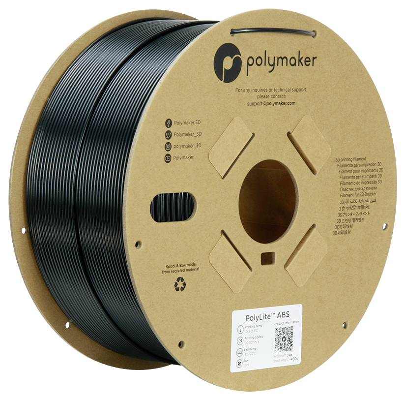Eine Spule mit PolyLite ABS 3D-Druckerfilament von Polymaker, schwarz, in Kartonverpackung mit Markenzeichen und Kontaktinformationen.