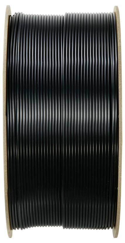 Eine Spule mit schwarzem Draht, seitlich fotografiert. Der Draht ist gleichmäßig und dicht aufgerollt.