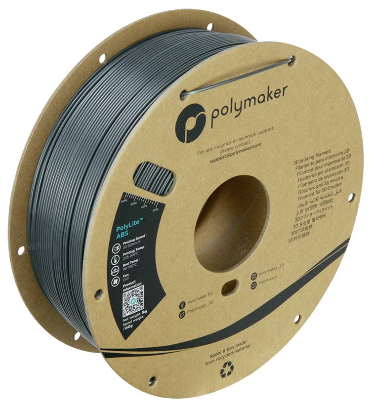 Eine Spule mit grauem 3D-Druckerfilament von Polymaker, auf der Pappverpackung sind technische Details und das Logo aufgedruckt.