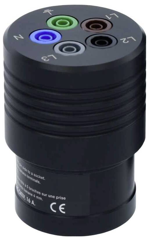 Schwarzer Adapterstecker mit fünf farbcodierten Anschlüssen, nummeriert von 1 bis 5. Geeignet für elektrische Verbindungen. CE-gekennzeichnet.