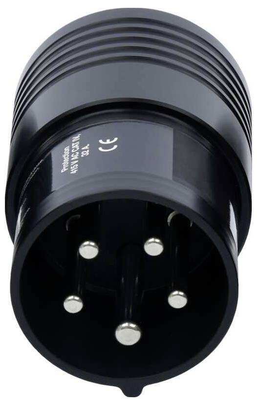 Schwarzer industrieller Stecker mit mehreren Metallstiften, geeignet für Hochleistungsanwendungen. Seitenansicht mit CE-Kennzeichnung.