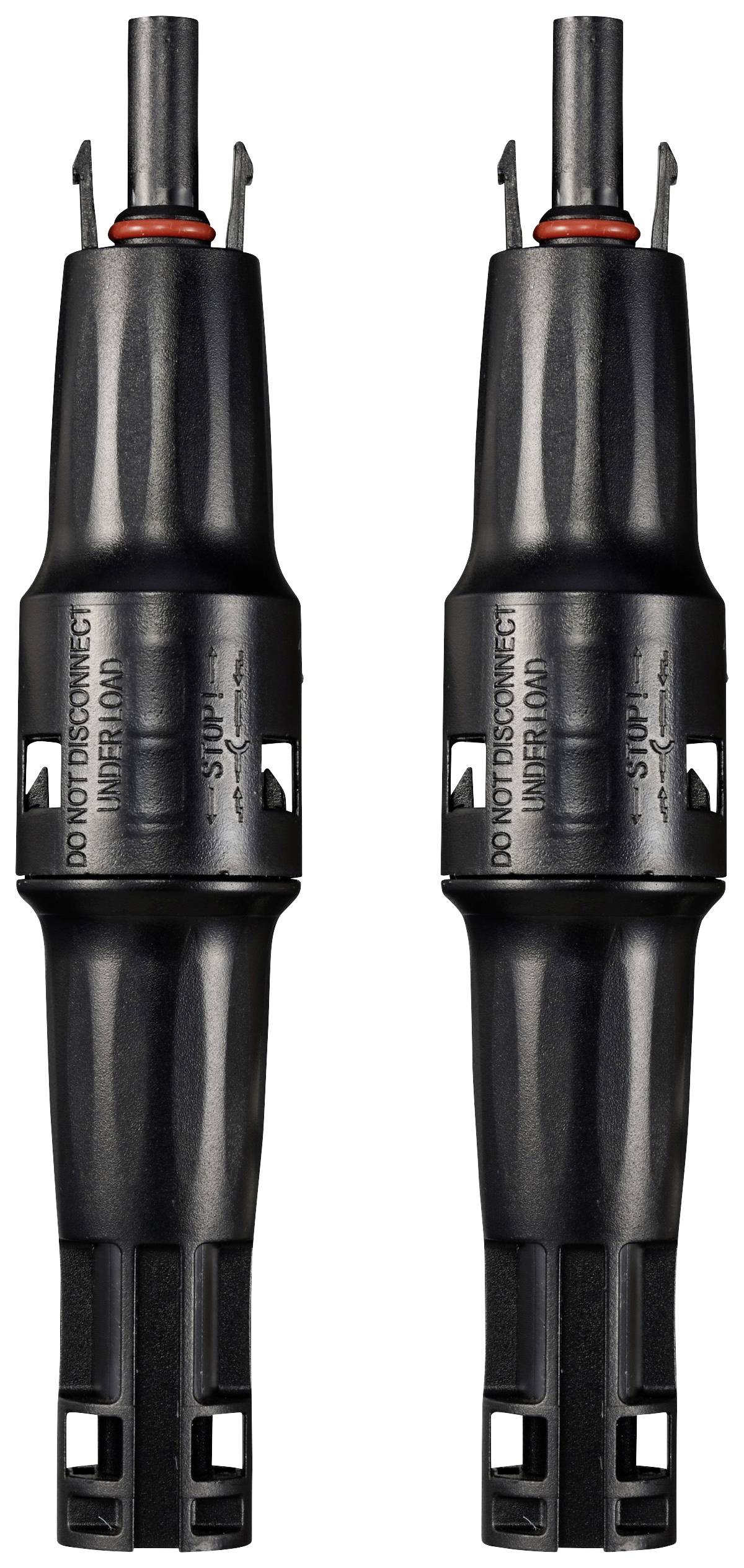 Zwei schwarze Steckverbinder nebeneinander, vertikale Ausrichtung, mit Metallspitzen oben und Beschriftungen an den Seiten.