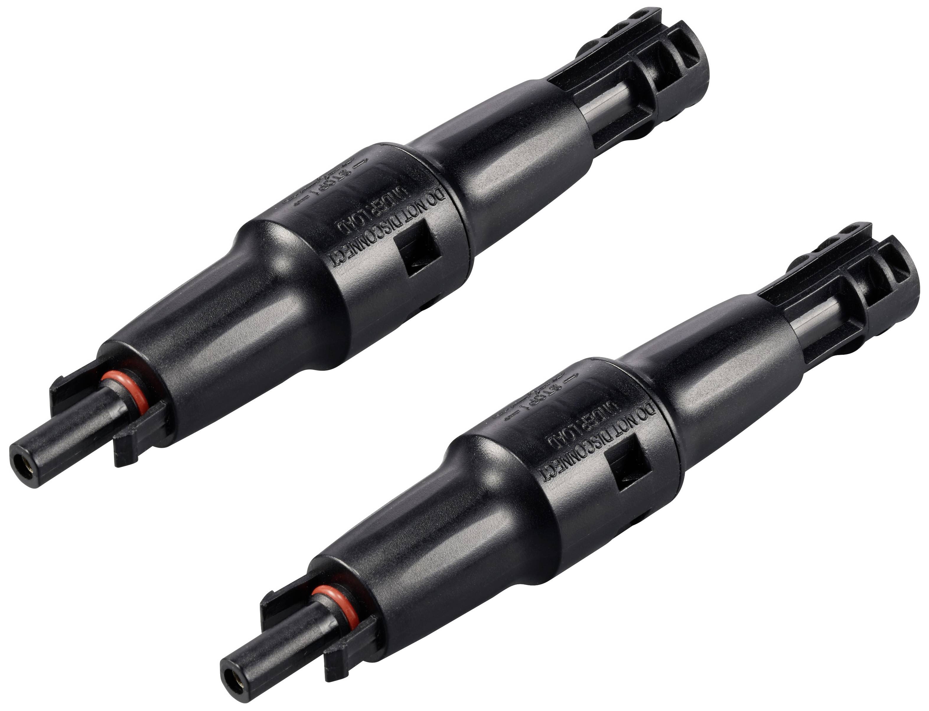 Zwei schwarze Elektroklemmen mit roten Dichtungen, zur Verbindung von Solarmodulen in Photovoltaikanlagen verwendet.