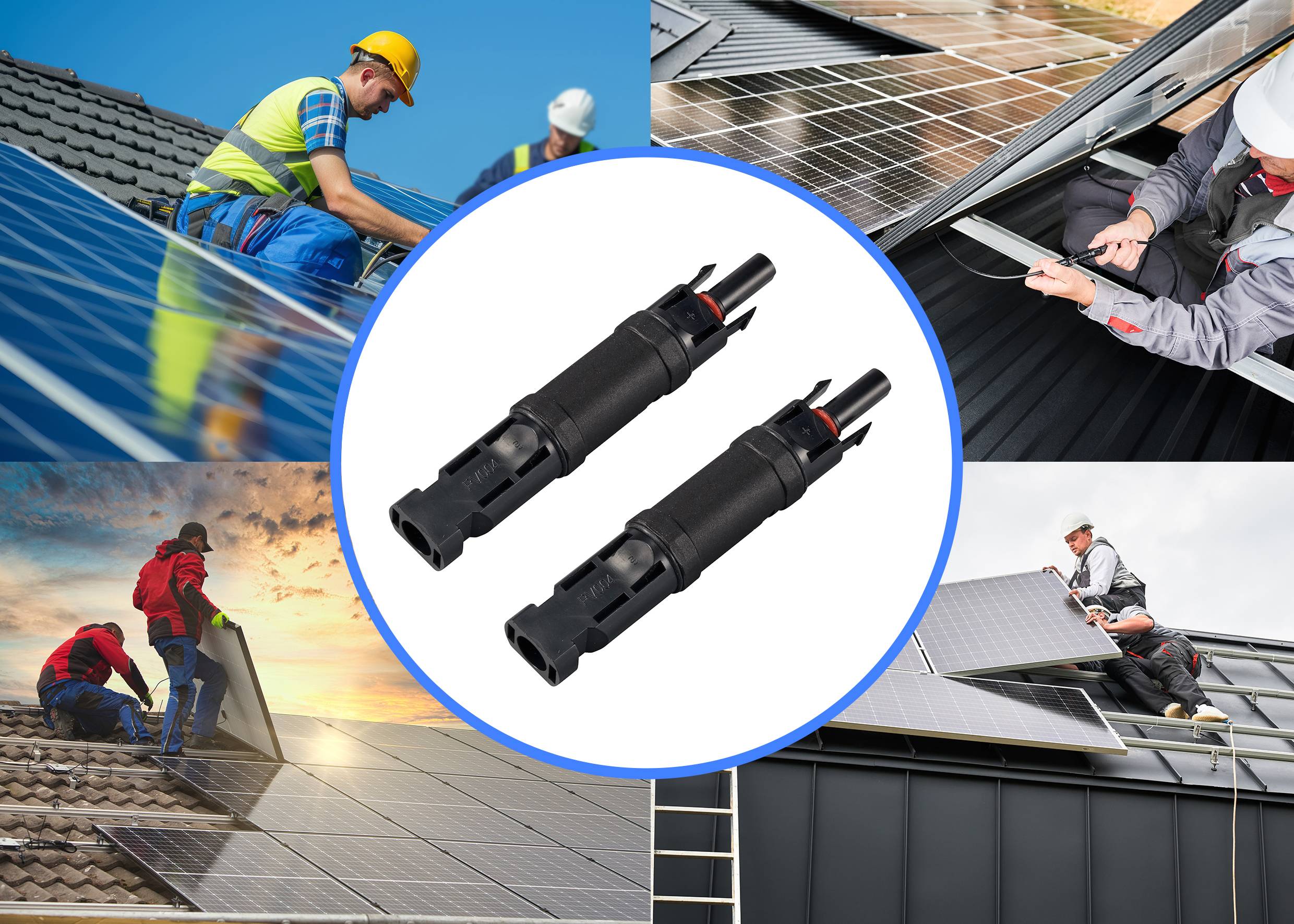 Ein Kreis zeigt zwei Solarstecker. Im Hintergrund montieren Arbeiter Solarmodule auf verschiedenen Dächern.