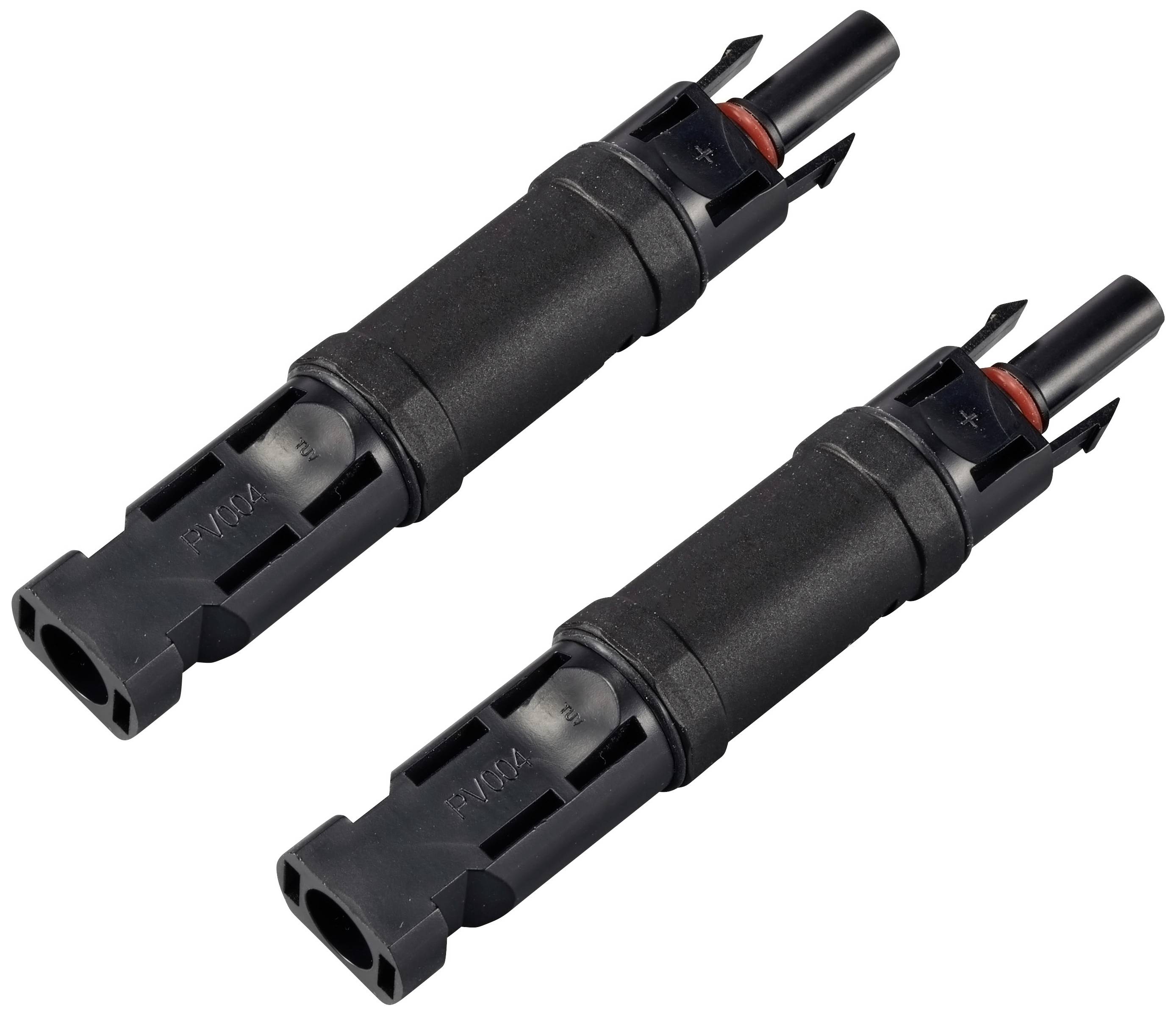 Zwei schwarze Steckverbinder zur Verwendung in Solarmodulen, einer mit männlichem und einer mit weiblichem Anschluss, auf weißem Hintergrund.