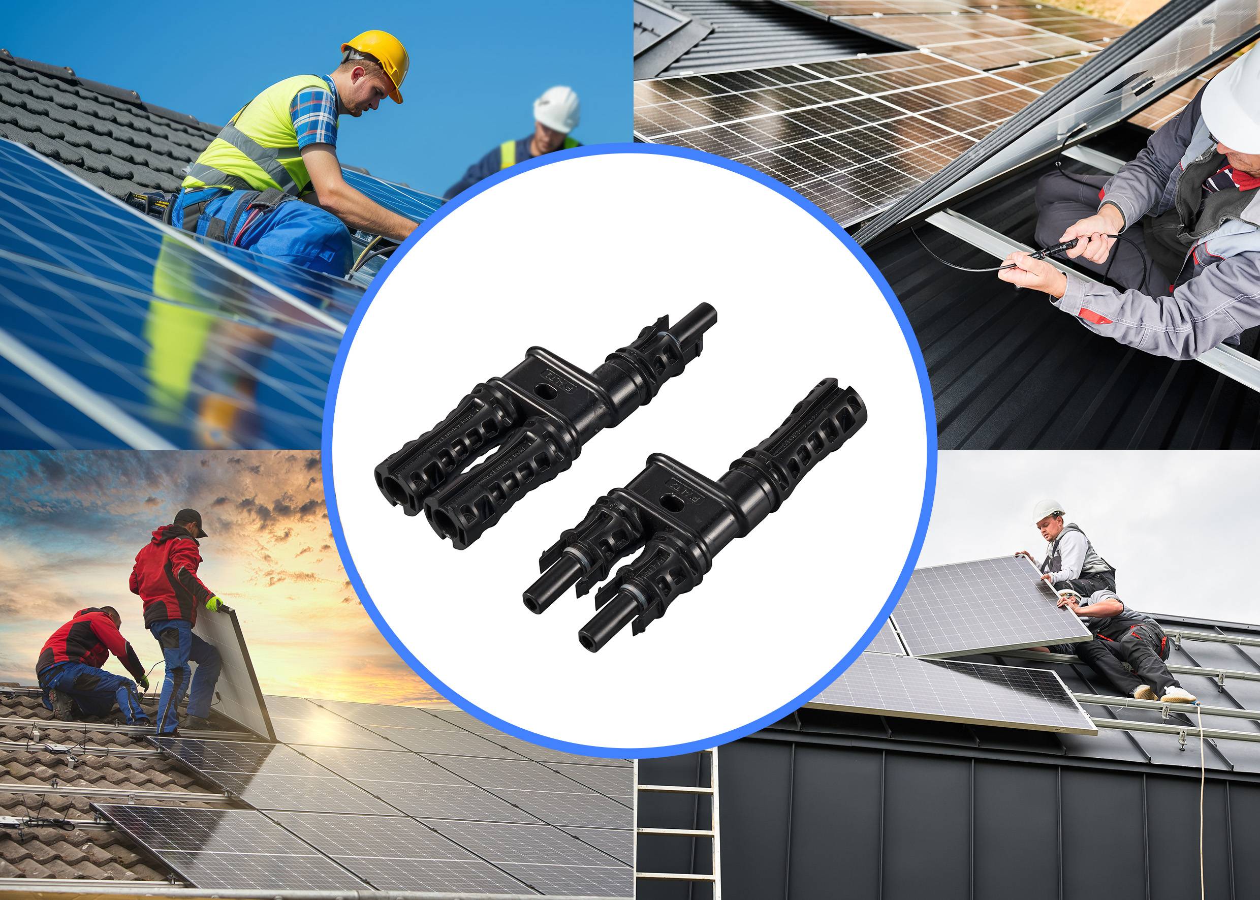 Arbeiter installieren Solarpanels auf Dächern. Im Vordergrund sind zwei schwarze Solarsteckverbinder abgebildet.