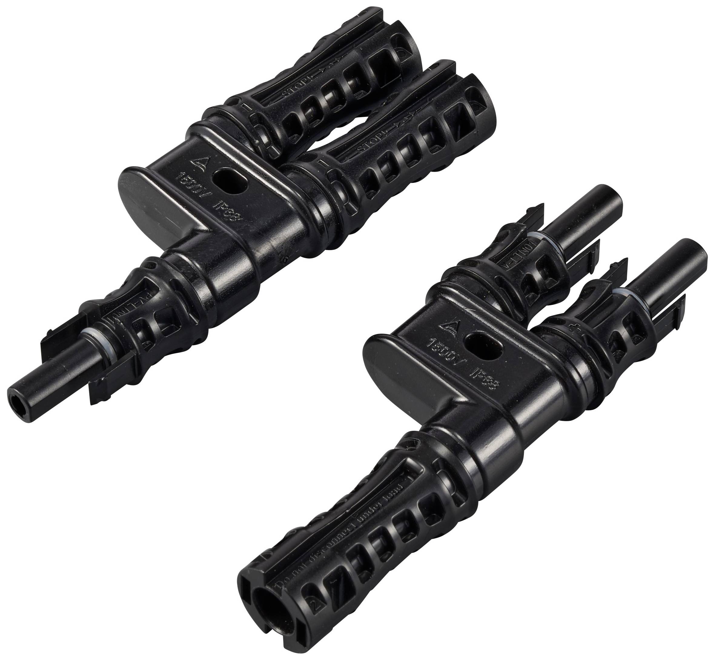 Zwei schwarze Solarsteckverbinder, geeignet für Photovoltaikanlagen. Sie sind parallel zueinander ausgerichtet und zeigen technische Details.