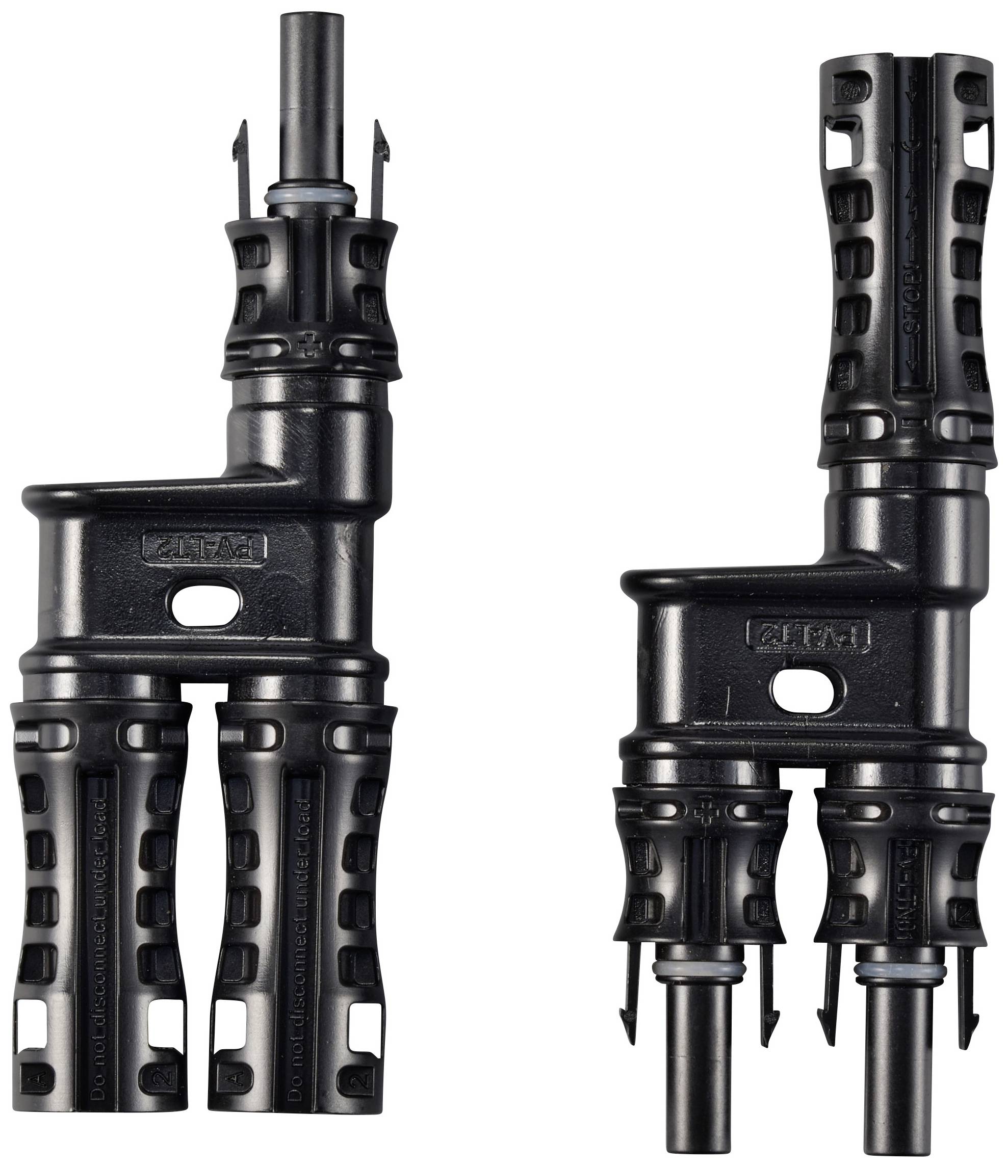 Zwei schwarze, vertikal ausgerichtete Steckverbinder mit mehreren Anschlüssen. Sie sind ähnlich geformt, jedoch unterschiedlich strukturiert.