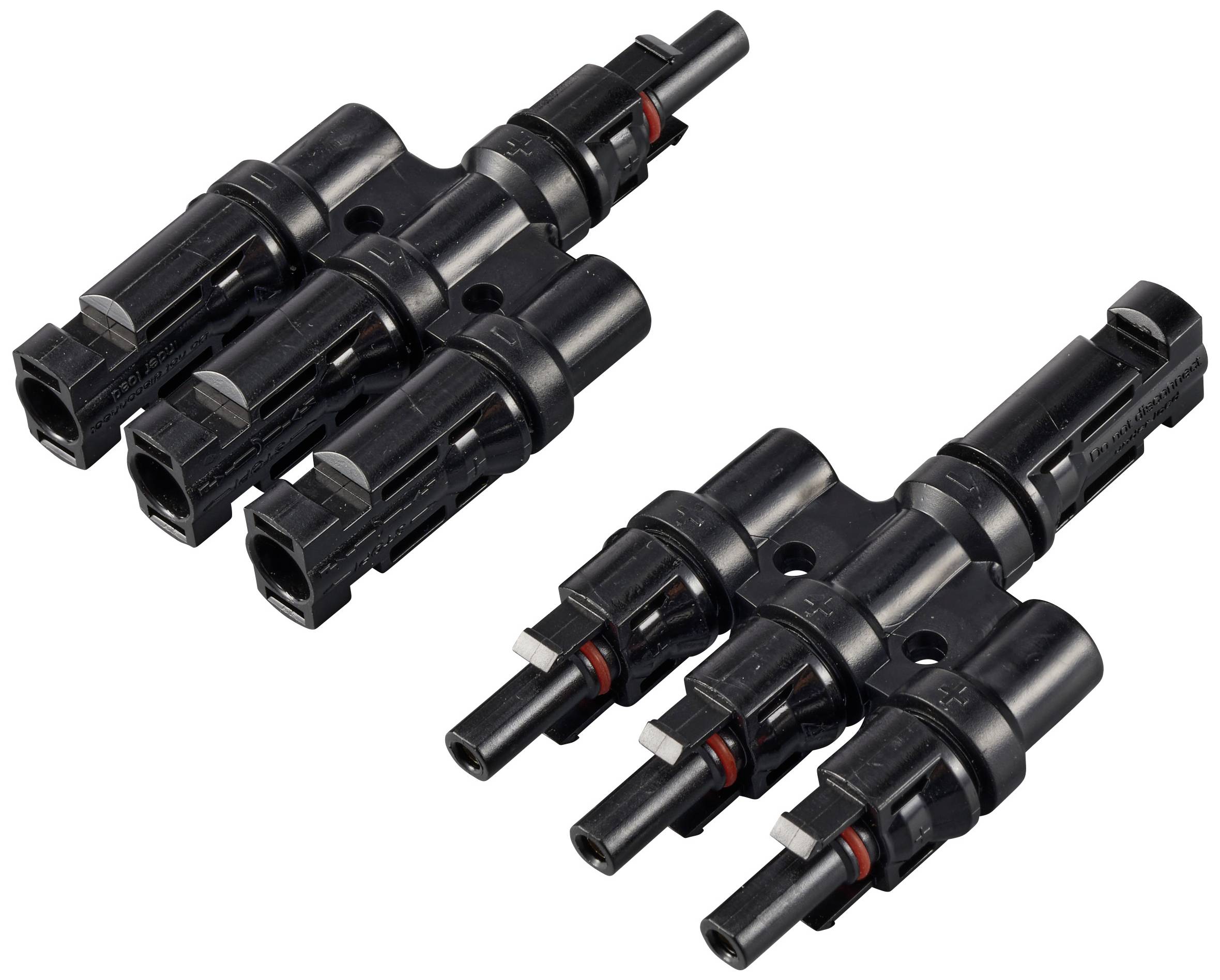 Zwei schwarze Solarpanel-Steckverbinder mit je drei Anschlüssen. Sie sind zur Verbindung von Solarmodulen in PV-Anlagen geeignet.