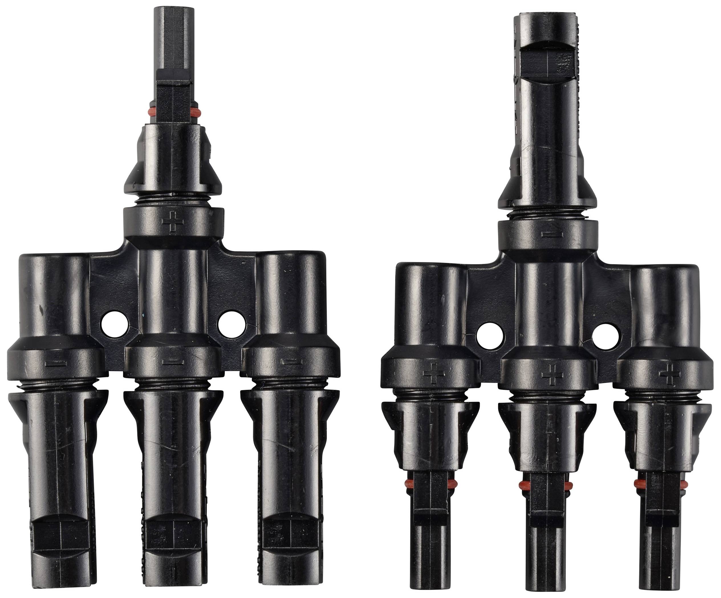 Zwei schwarze Solarkabel-Steckverbinder in T-Form für Photovoltaikanlagen. Links: zwei zu einem Anschluss, rechts: drei zu einem Anschluss.