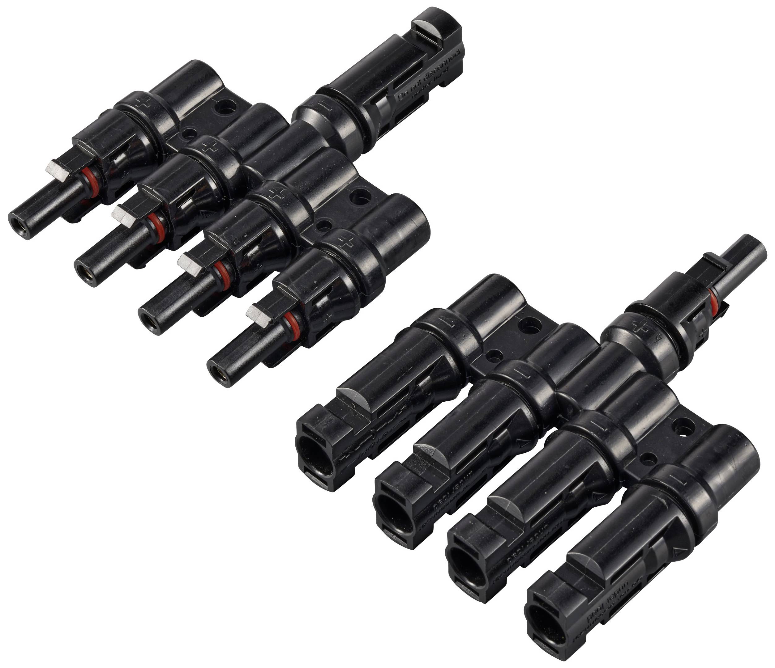 Sechs schwarze Photovoltaik-Steckverbinder in zwei Reihen angeordnet, dienen der Verbindung von Solarmodulen zur Stromübertragung.