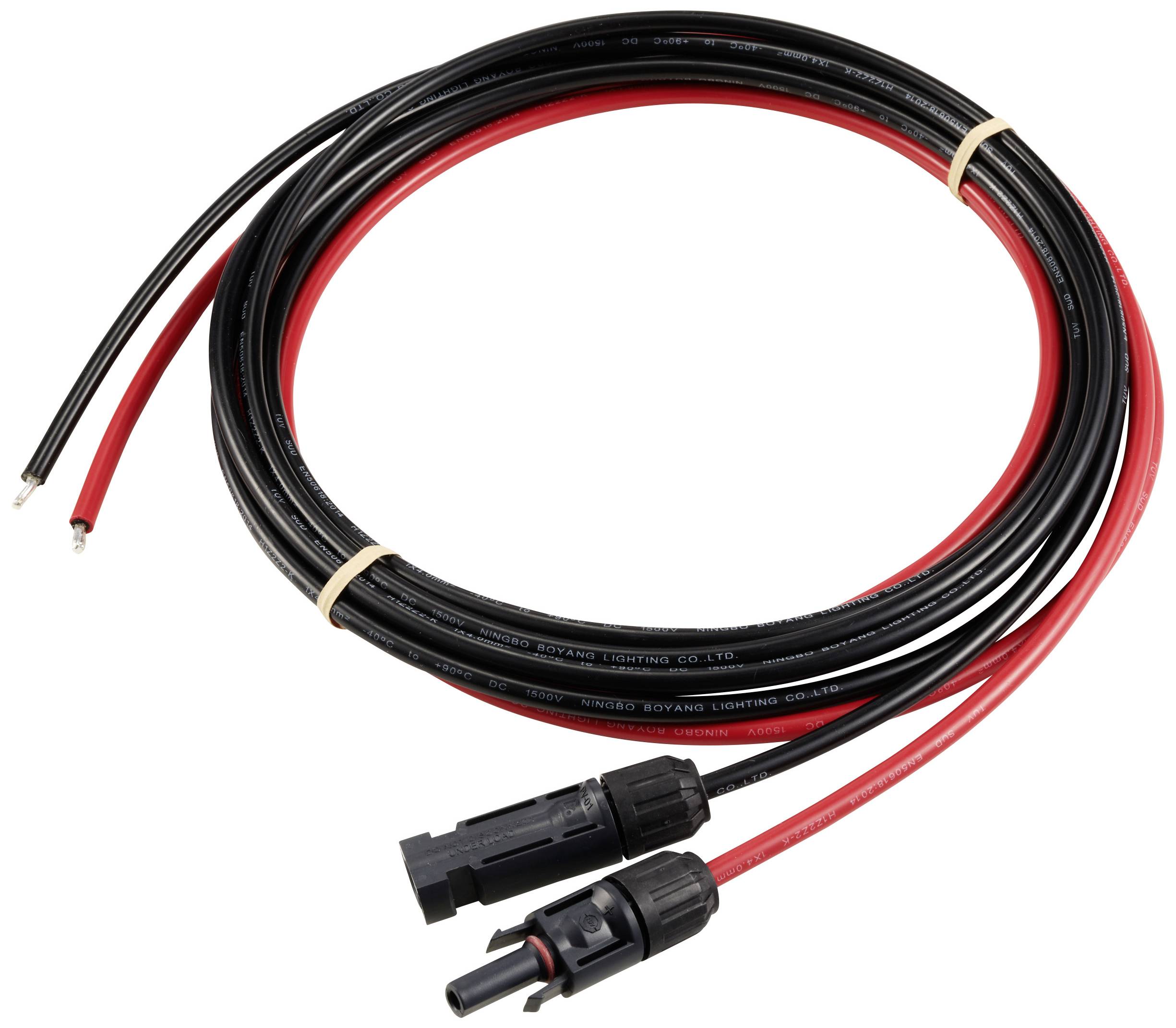 Schwarzes und rotes Solarkabel mit Steckverbindern an einem Ende, geeignet für die Verbindung von Solarmodulen zur Stromerzeugung.