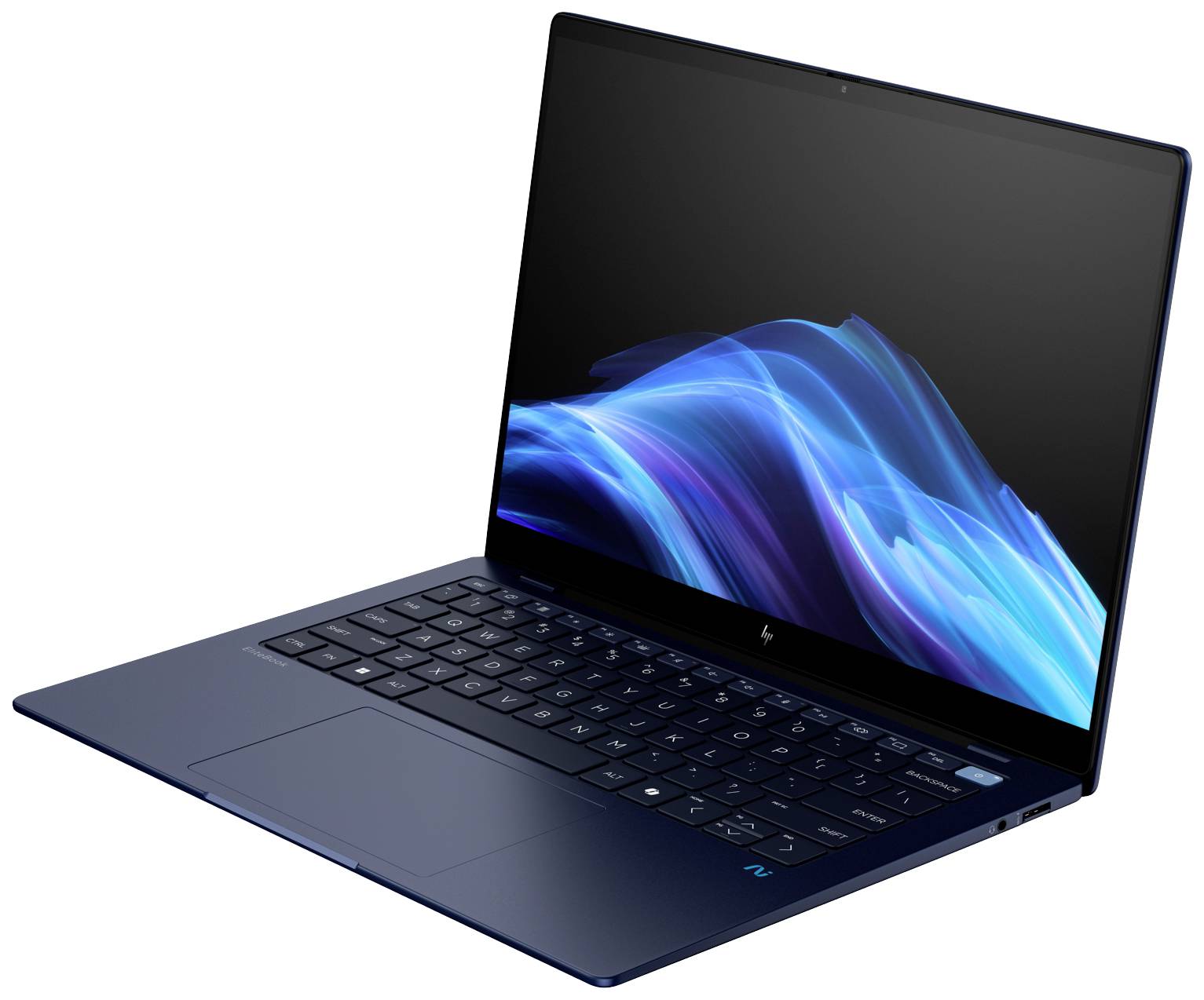 Ein schlanker Laptop mit schwarzer Tastatur und blauem Bildschirm, auf dem abstrakte Lichtwellen dargestellt sind.