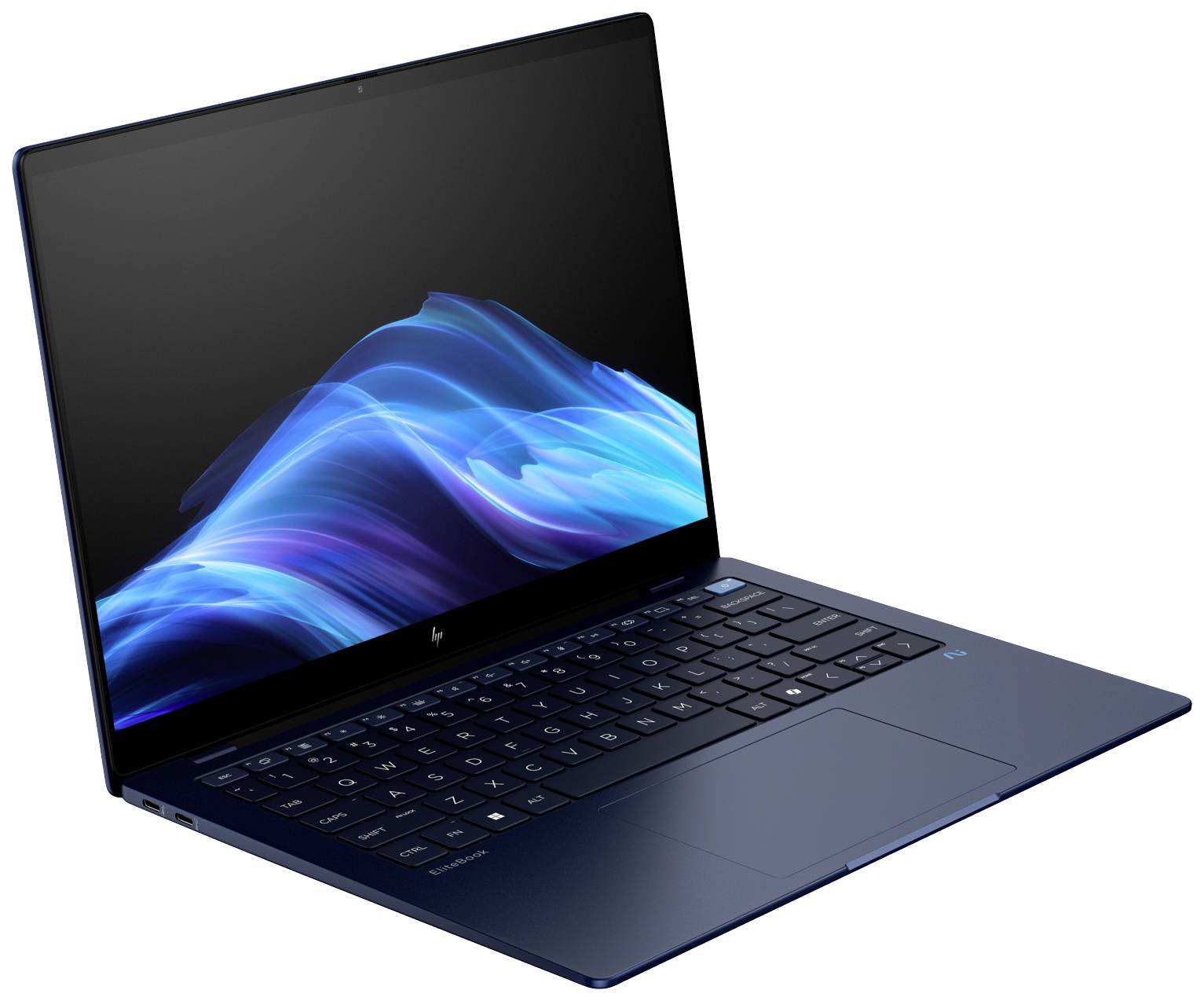 Ein schlanker, blauer Laptop mit beleuchteter Tastatur und geöffnetem Bildschirm zeigt ein digitales, blaues Wellenmuster.