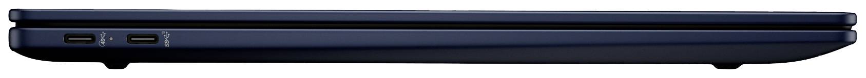 Geschlossener, blauer Laptop von der Seite, zeigt zwei USB-Anschlüsse links.