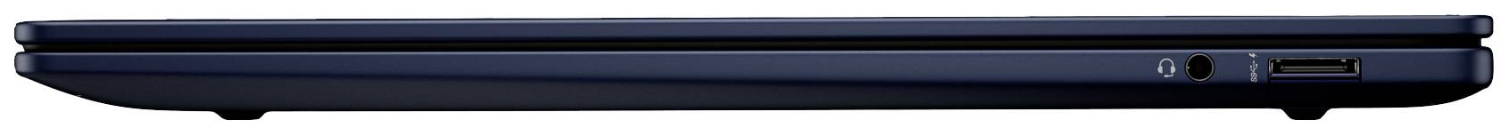 Ein schmaler, geschlossener Laptop in dunklem Blau, von der Seite betrachtet. Rechts sind ein USB-Anschluss und eine Kopfhörerbuchse sichtbar.