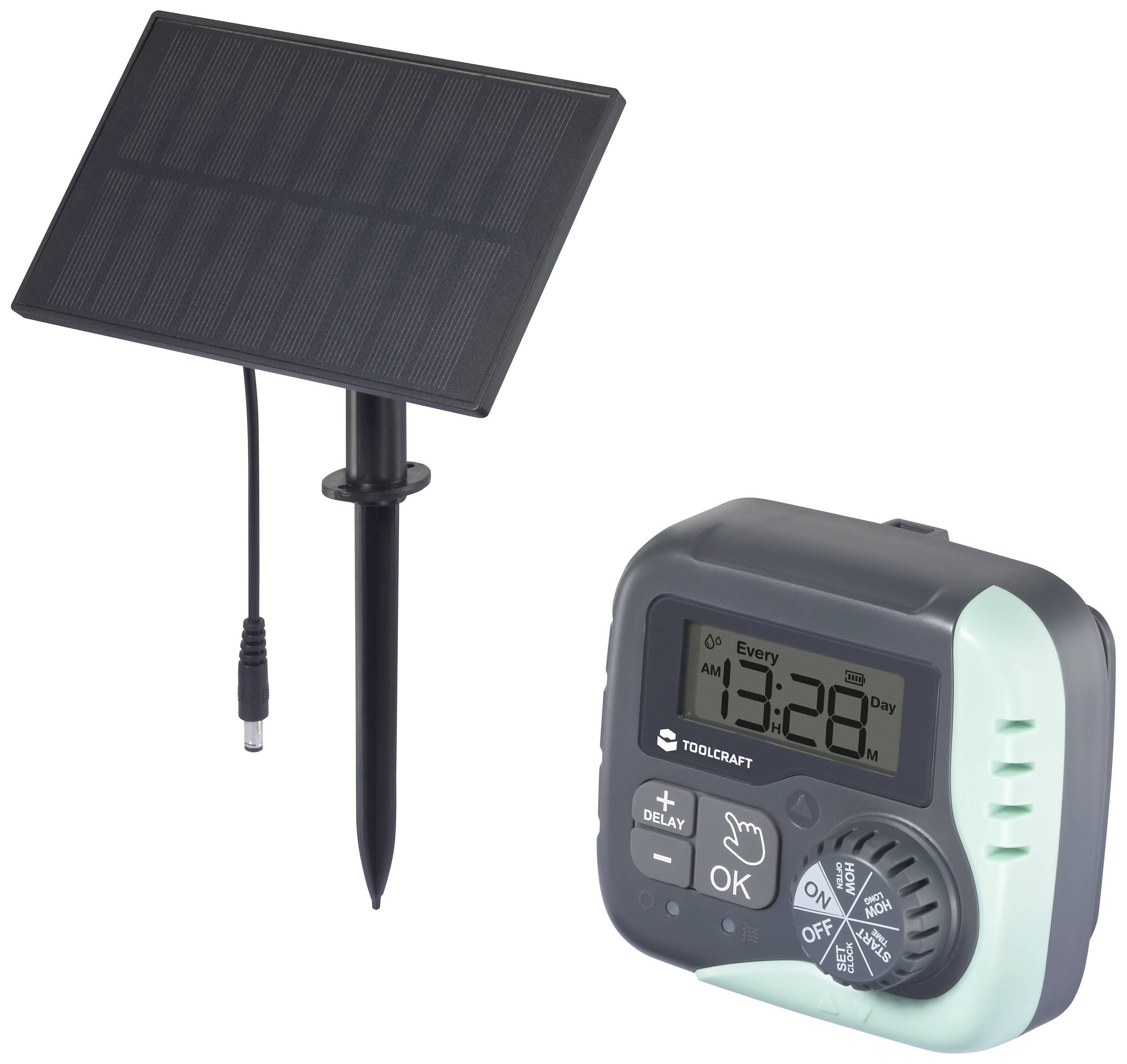 Solarbetriebenes Bewässerungssystem mit Zeitsteuerung. Links ist ein Solarpanel, rechts ein digitaler Timer mit Bildschirm und Bedientasten.