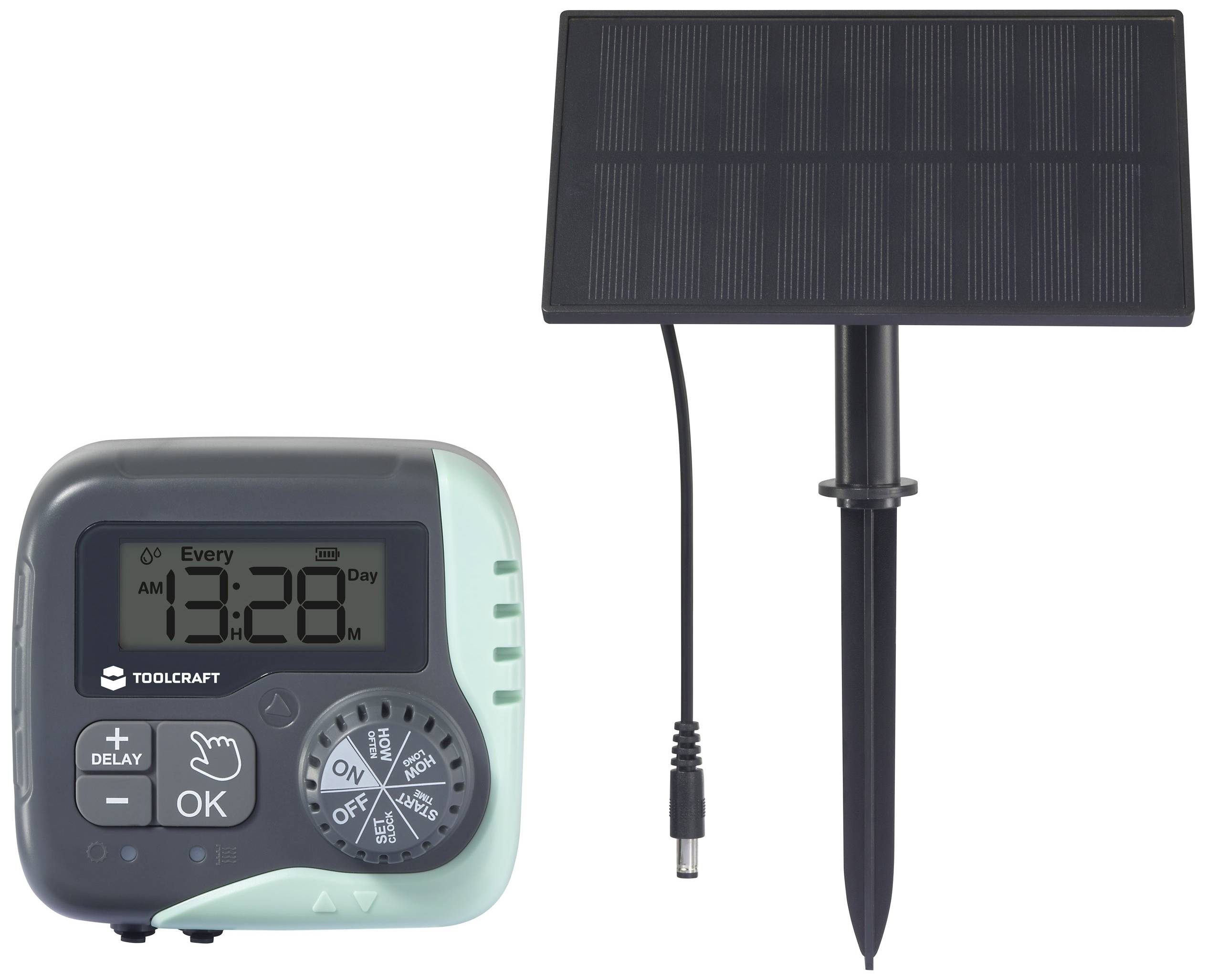 Solarbetriebener Bewässerungs-Timer mit digitalem Display und separatem Solarpanel, zur automatischen Gartenbewässerung.