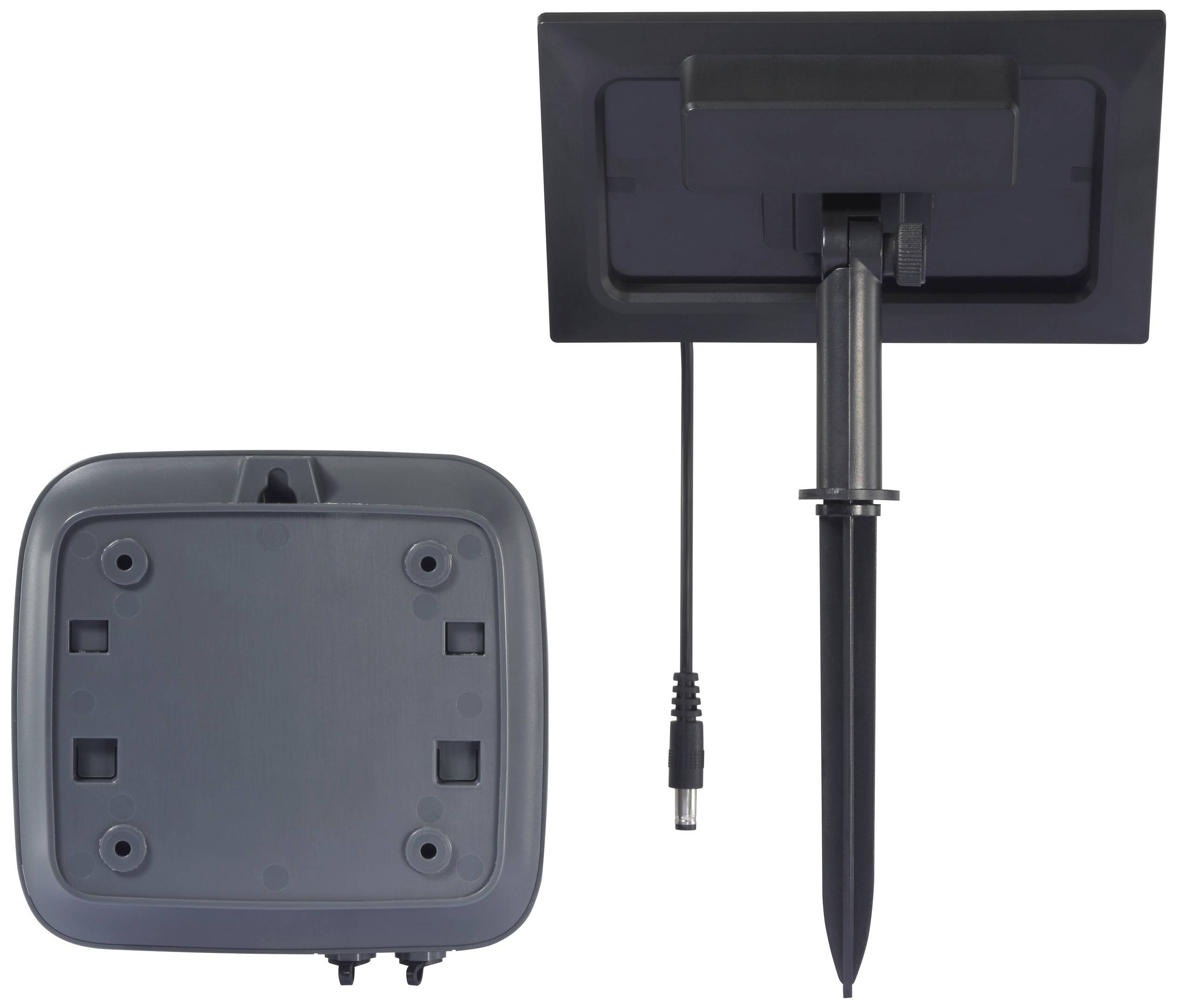 Solarpanel mit Halterung: links zeigt die Rückseite mit Befestigungspunkten, rechts Vorderansicht mit Erdspieß und Kabel.