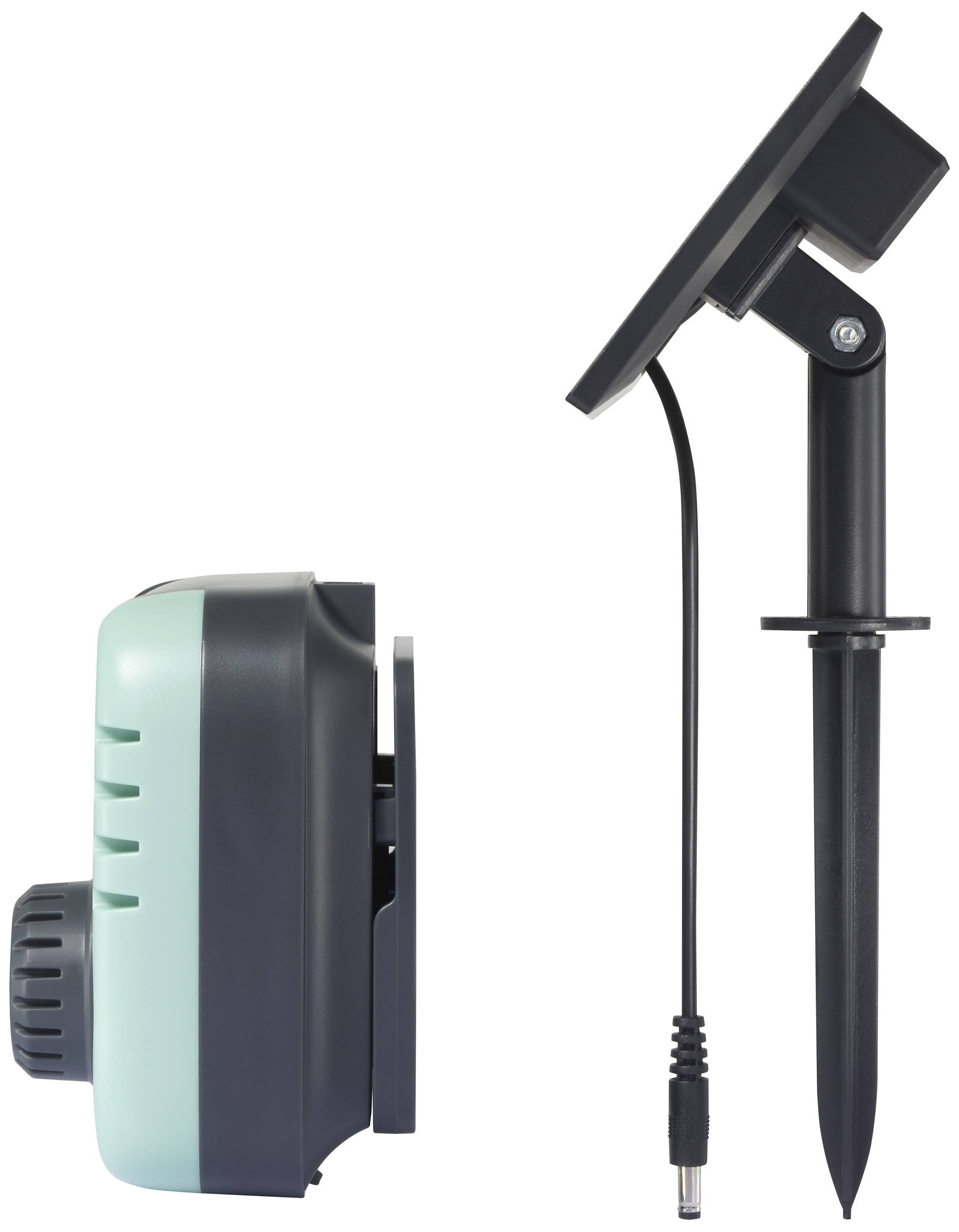 Zwei smarte Gartenwerkzeuge: links, ein Bewässerungsgerät mit Display und Knöpfen; rechts, ein Solarpanel auf einem Erdspieß.