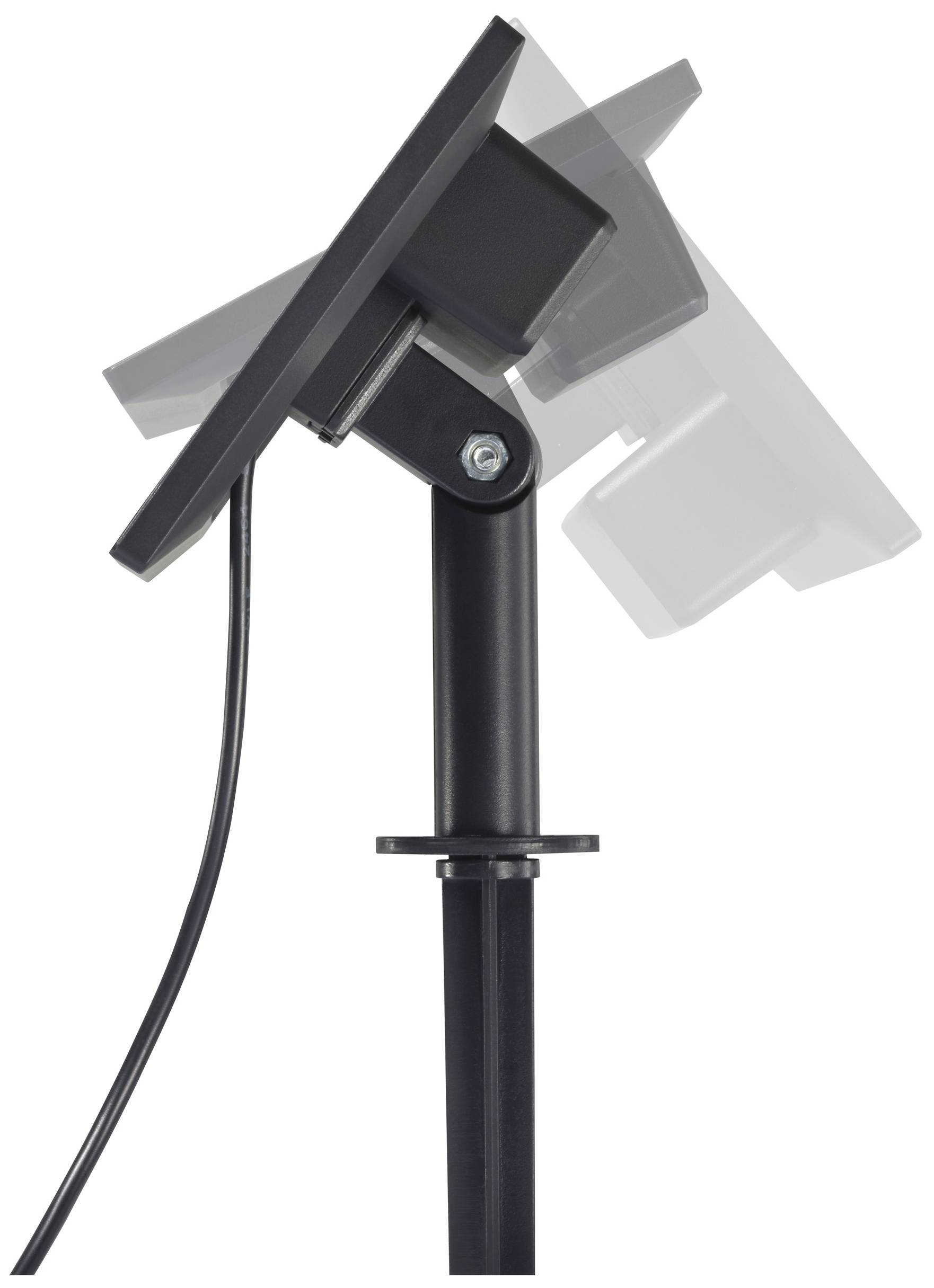 Seitenansicht eines verstellbaren Solarpaneels mit schwarzem Ständer und Kabel, das die Flexibilität der Neigung zeigt.