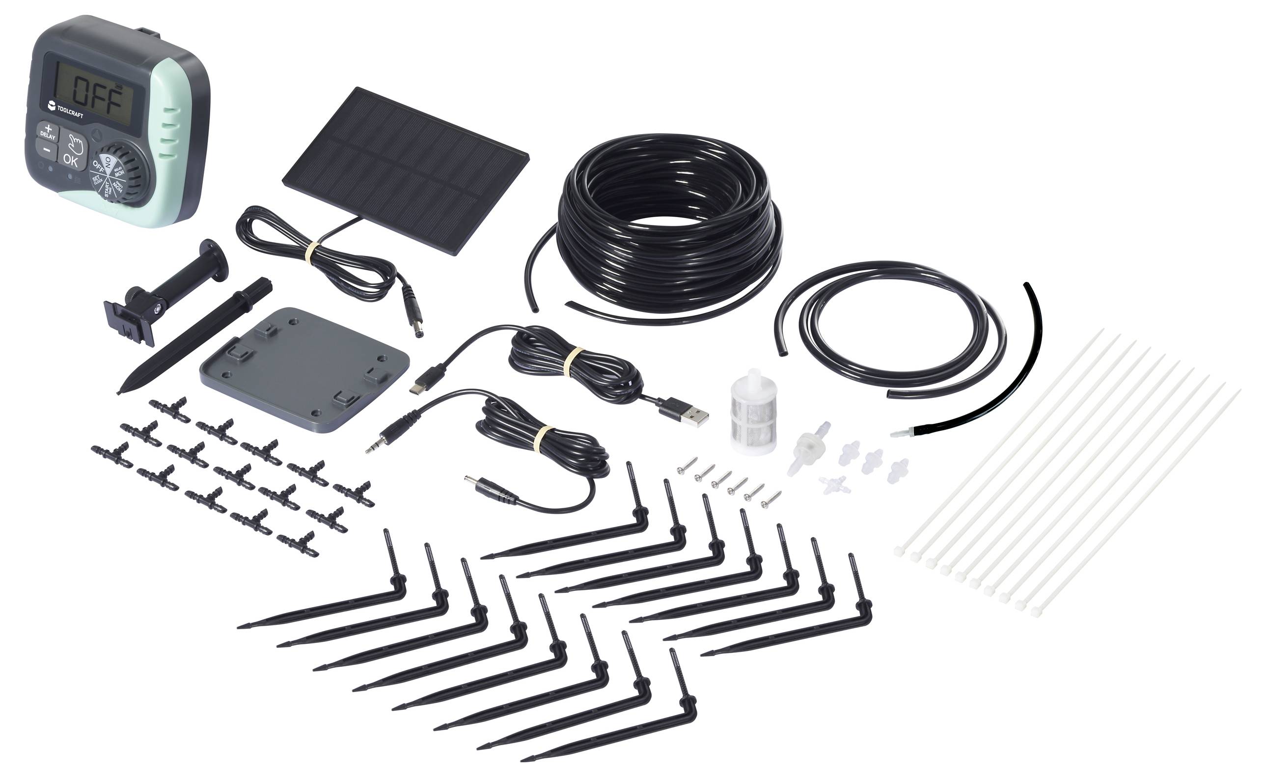 Bewässerungssystem aus Solarpanel, elektronischem Timer, Schläuchen, Tropfern und Zubehör, ideal für Gartenautomatisierung.
