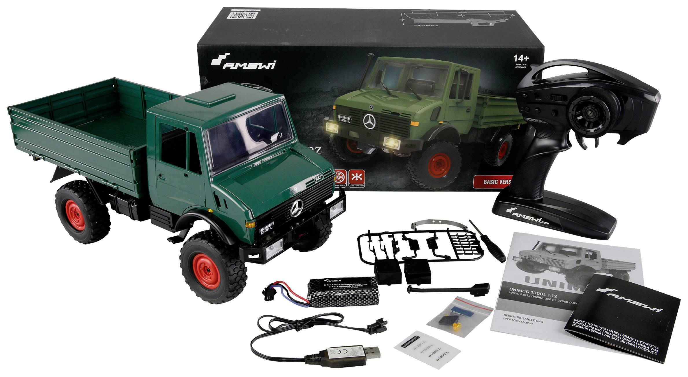 Amewi 22632 Unimog Basic, grün 1:12 Elektro RC Modell-LKW RtR