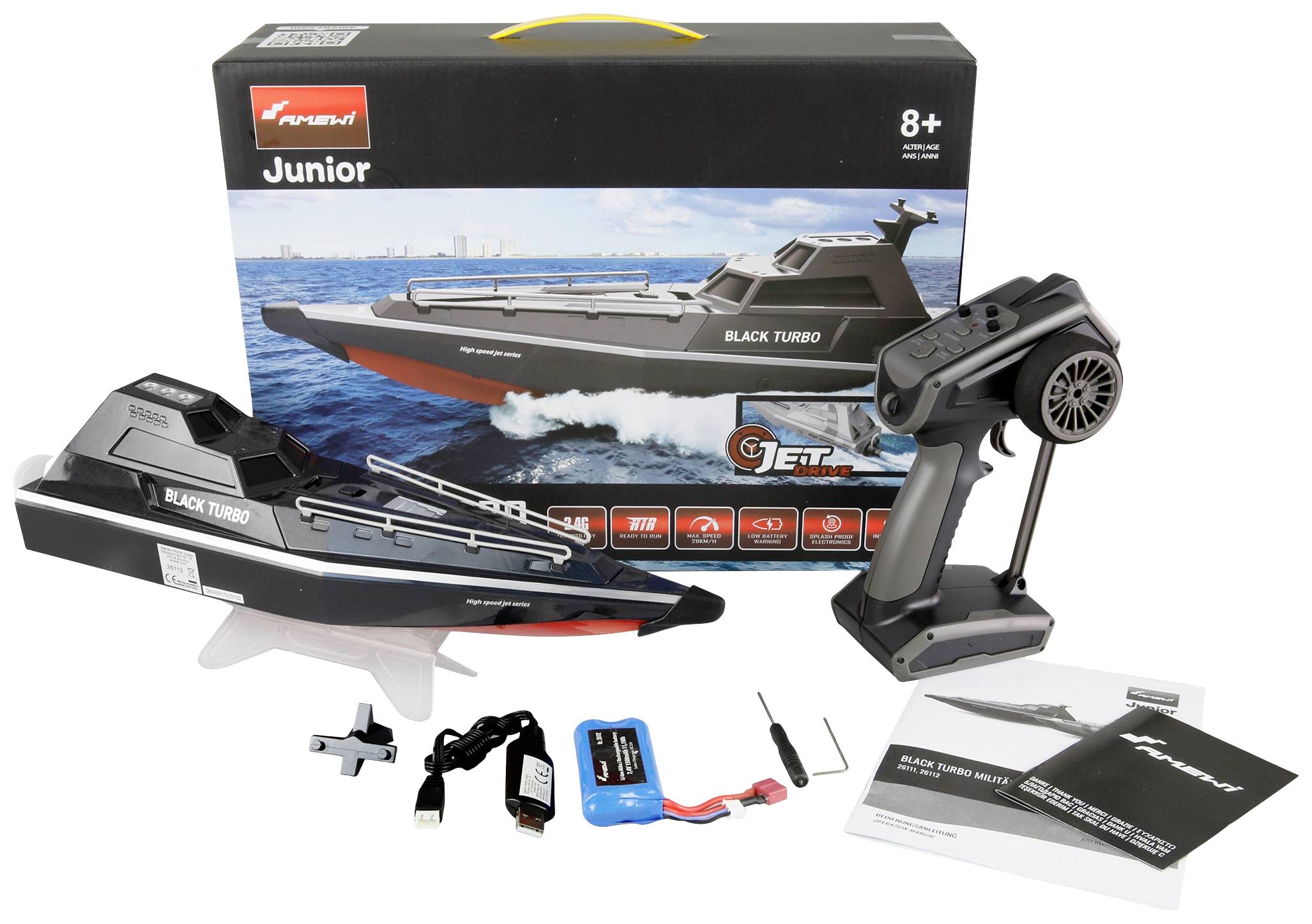 Ferngesteuertes Boot 'Black Turbo' Set mit Fernbedienung, Ladegerät und Zubehör. Verpackung zeigt Bild des Boots in Aktion. Ab 8 Jahren.
