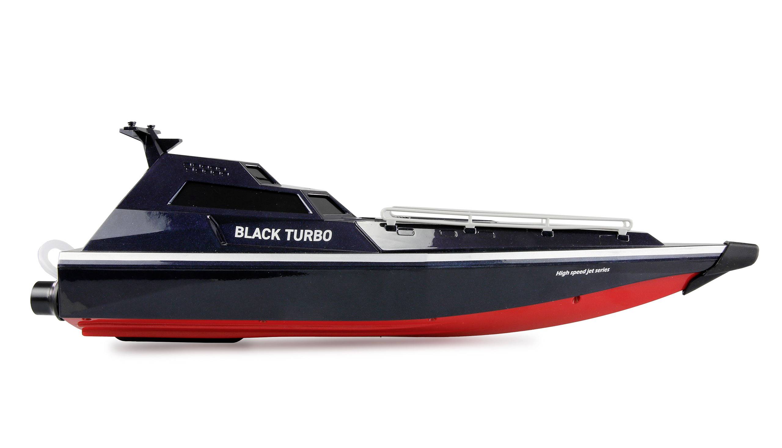 Spielzeug-Black-Turbo-Schnellboot aus Kunststoff, schwarz-rot, seitliche Ansicht, klare Linien, keine Umgebung sichtbar.