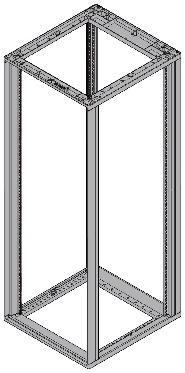 Metallrahmen eines rechteckigen, offenen Schranks ohne Türen oder Regalböden, perspektivisch von oben betrachtet.