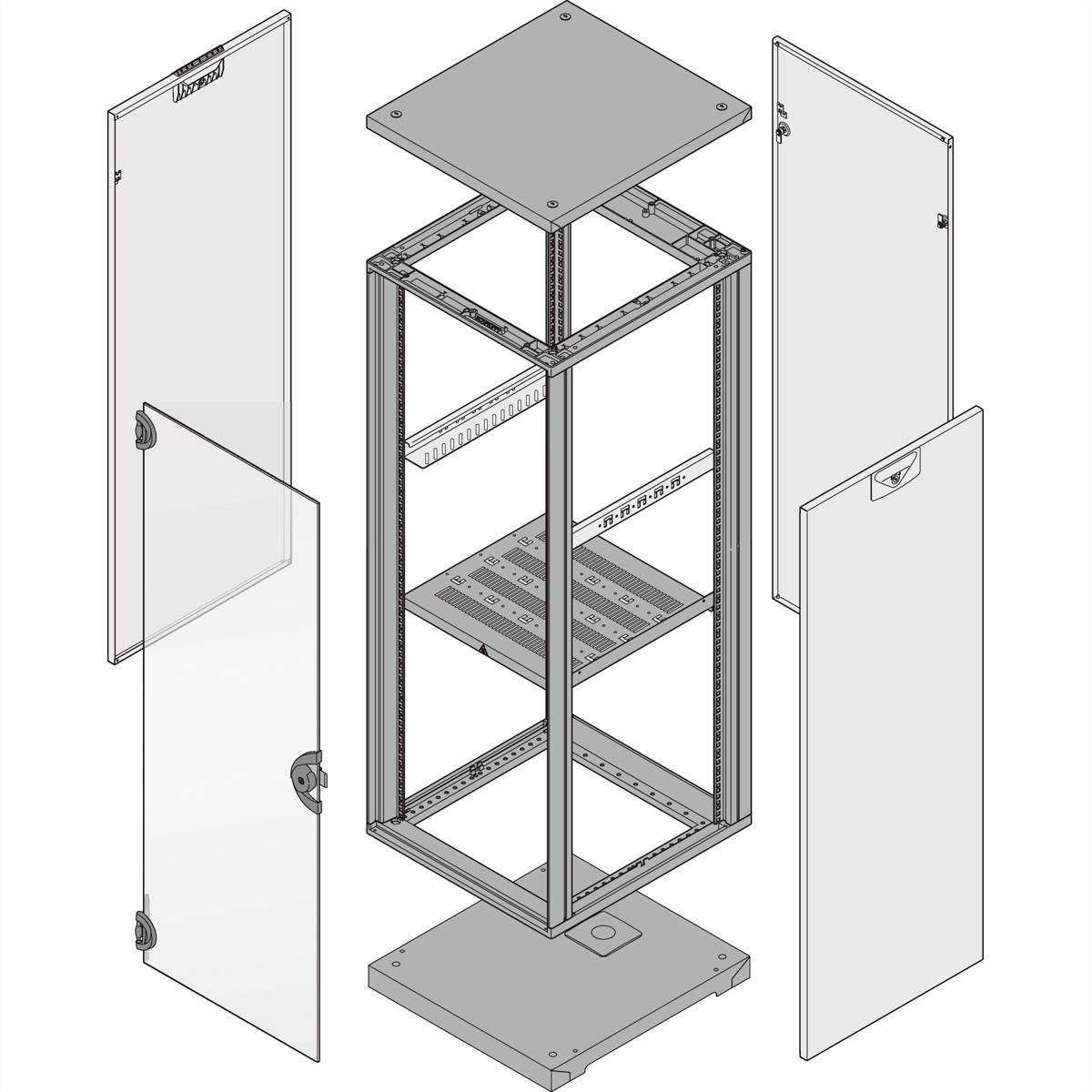 Zerlegtes Grafikmodell eines Server-Racks, zeigt Rahmen, Türen und Seitenwände. Veranschaulicht Montage und Struktur des Racks.