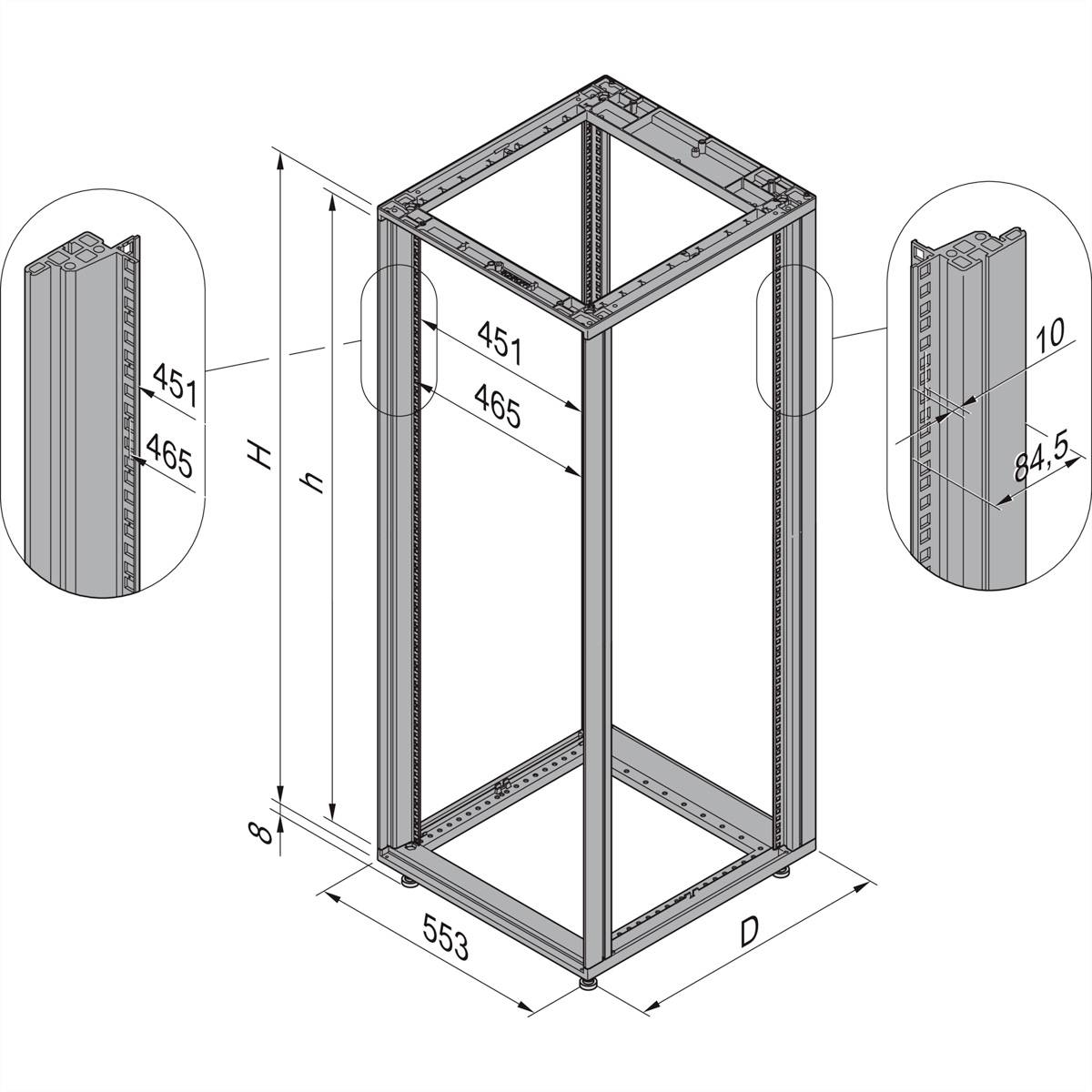 Diagramm eines rechteckigen Metallrahmens mit Abmessungen: H = variabel, 451 mm Breite, 553 mm Tiefe, 84,5 mm Profilhöhe.