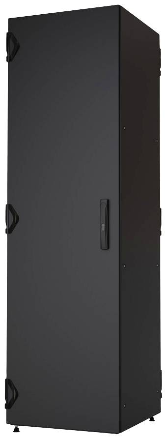 Ein schwarzes, schrankartiges Gehäuse mit vier Griffen, geeignet für Technik- oder Büroanwendungen, vor neutralem Hintergrund.