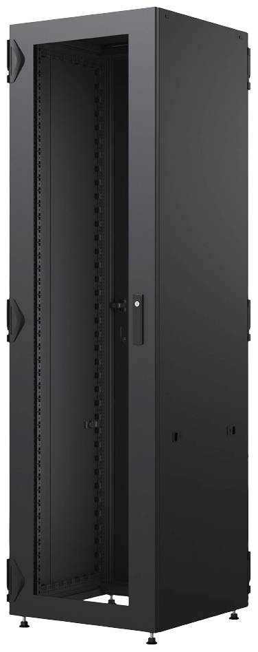 Schwarzes Serverrack-Gehäuse, leer, mit sichtbarer Fronttür und seitlichen Belüftungsschlitzen. Geeignet zur Unterbringung von IT-Hardware.