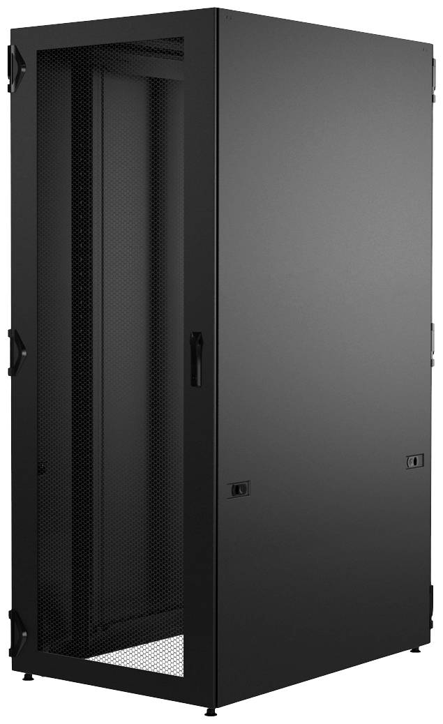 Ein schwarzer Server-Schrank mit Gittertür und mehreren Griffen, freistehend auf einem weißen Hintergrund. Geeignet für IT-Geräte.