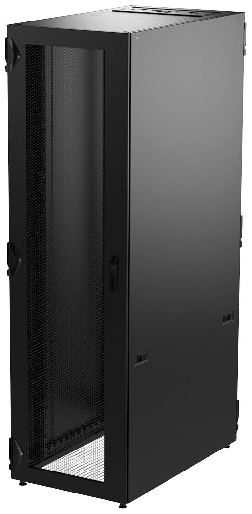 Schwarzer, rechteckiger Serverschrank mit Glastür und belüfteter Rückwand. Geeignet zur sicheren Unterbringung von IT-Ausrüstung.