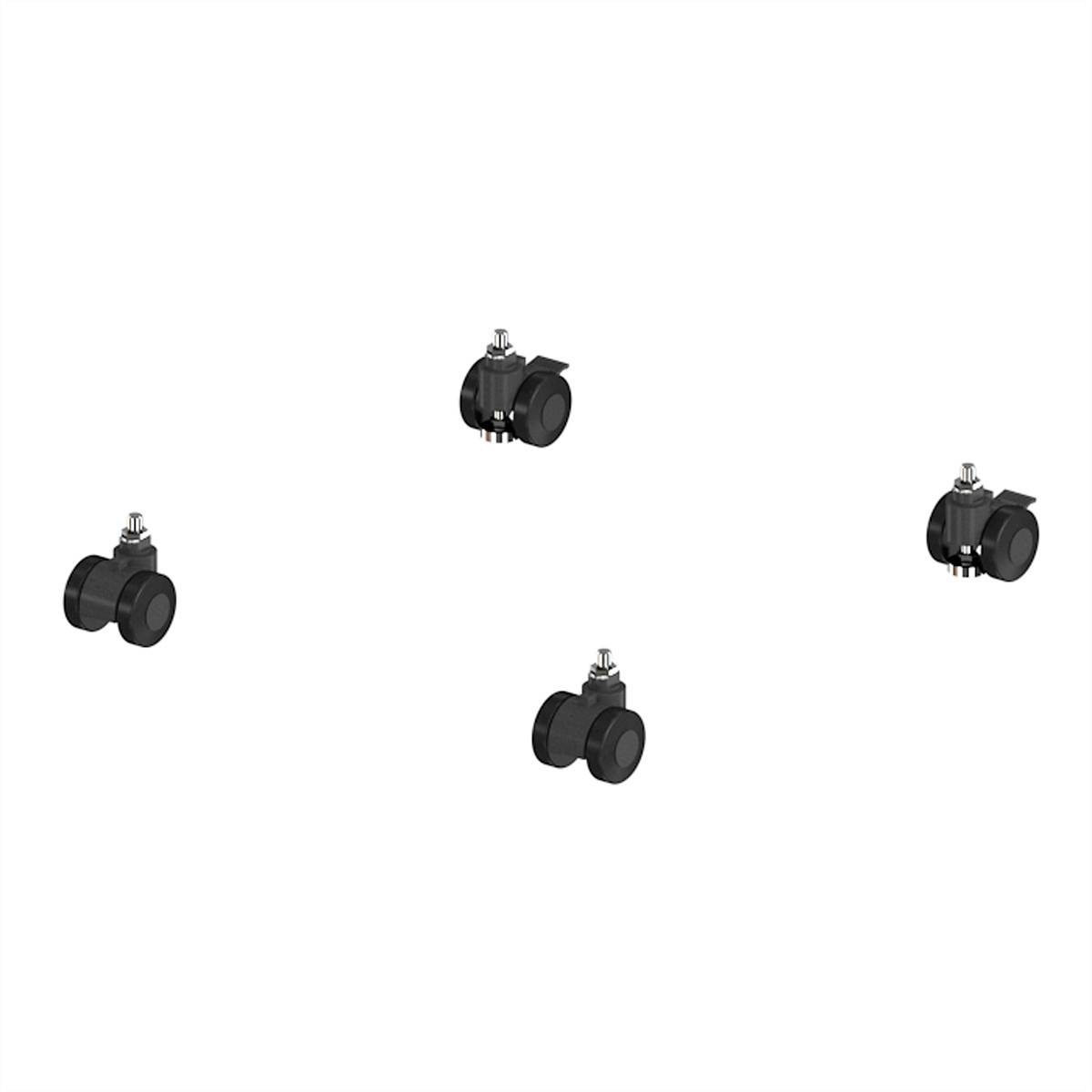 Vier schwarze Rollen auf weißem Hintergrund, symmetrisch angeordnet.