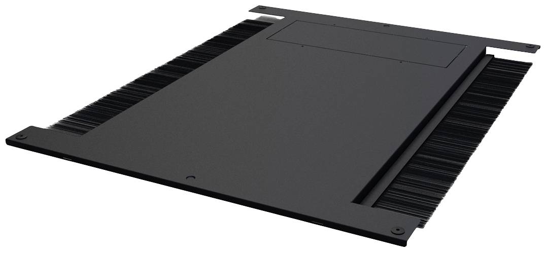 Schwarze Kunststoffplatte mit geraden Kanten, möglicherweise Teil eines Geräts oder einer modularen Einheit.