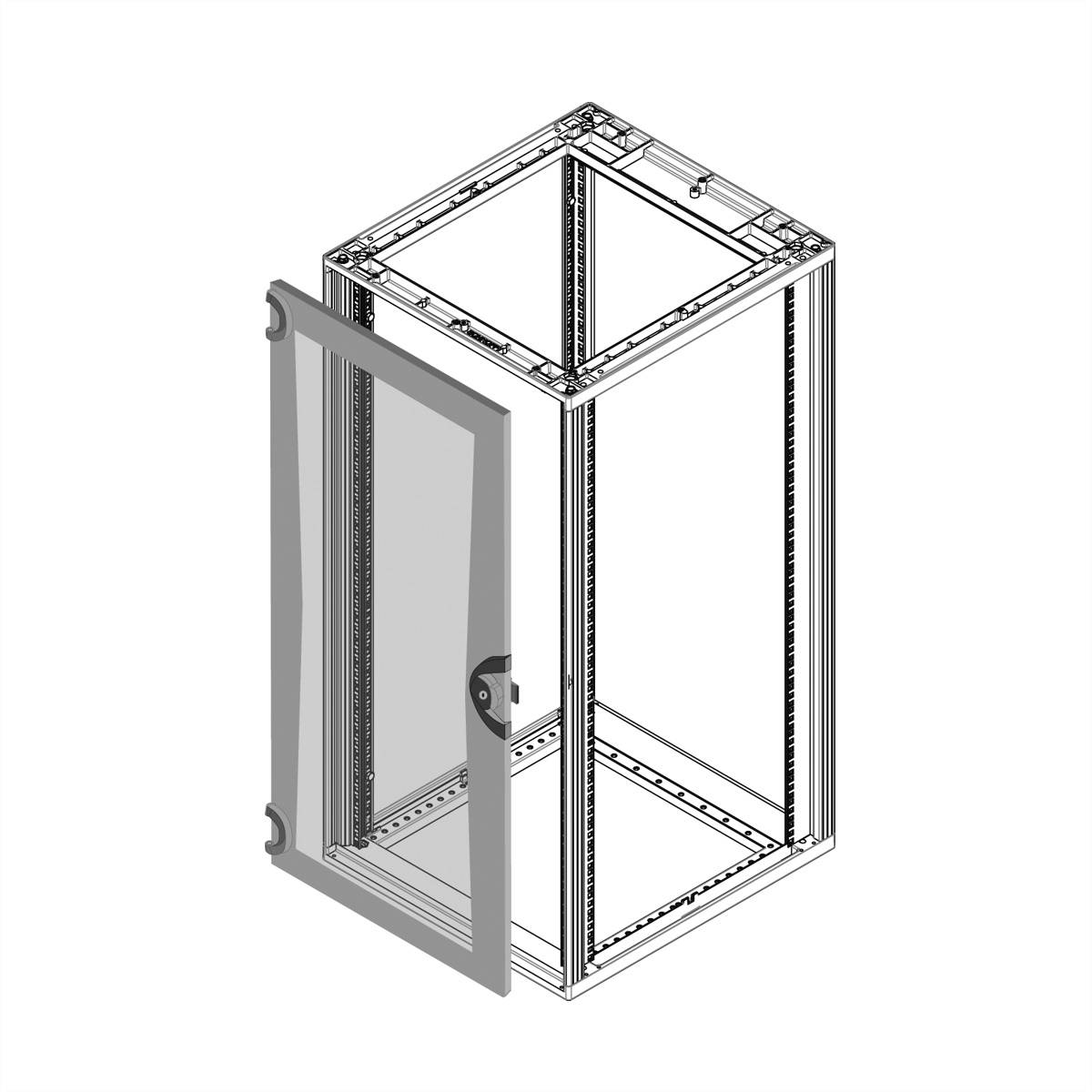 Ein offenes Server-Rack-Gehäuse mit Glastür, das eine klare Ansicht des Innenraums bietet.