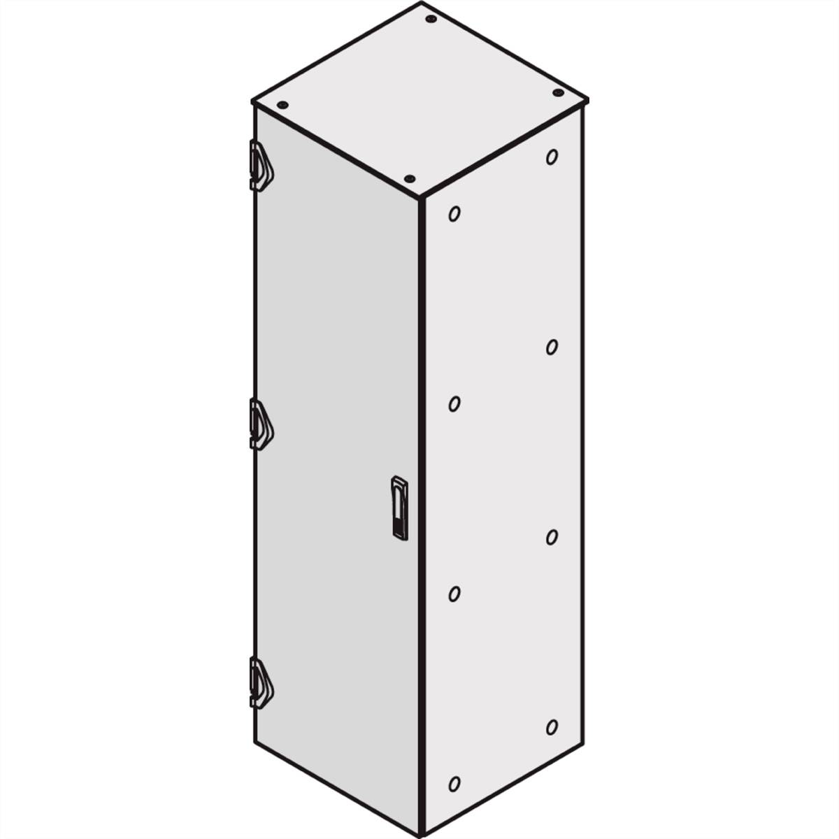 Ein rechteckiger, hoher Schrank mit Griffen und Befestigungspunkten auf den Seiten.