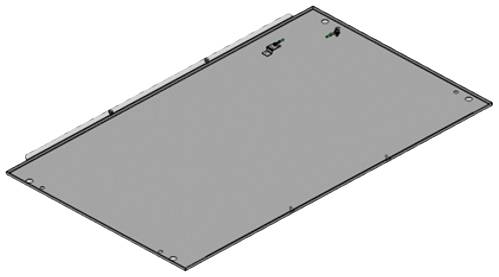 Graue, rechteckige Abdeckung mit zwei kleinen Symbolen in den oberen Ecken.