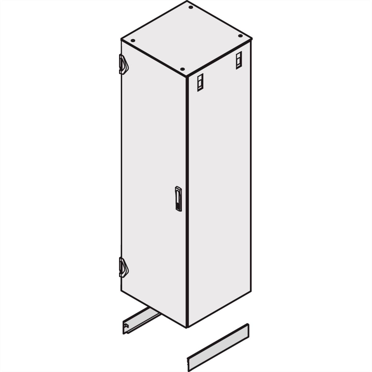 Eine schematische Zeichnung eines rechteckigen Metallschranks mit zwei seitlichen Griffen und abnehmbarem Bodenstück unten.