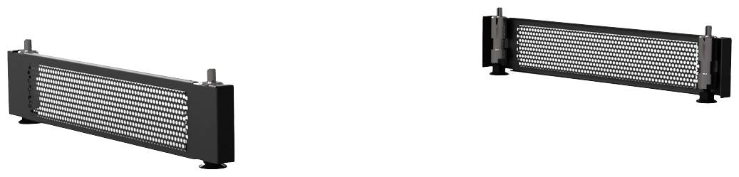 Zwei schwarze Heizelemente stehen aufrecht nebeneinander auf weißem Hintergrund. Sie sind rechteckig und haben ein Gitterdesign.