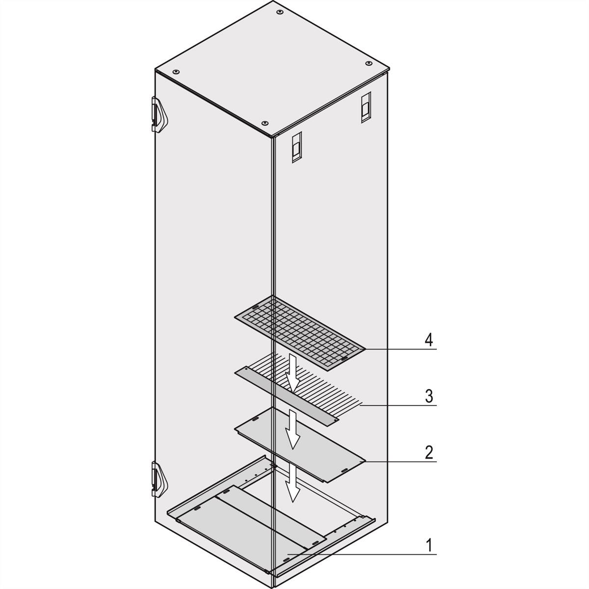 Ein Diagramm eines mehrschichtigen Luftfiltersystems. Zeigt die Reihenfolge von oben nach unten: Gitter (4), Filterelement (3), weiterer Filter (2), Basisplatte (1).