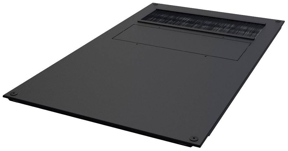 Ein schwarzer Bodenabfluss in rechteckiger Form. Der Deckel hat ein Gittermuster, um Wasser abzulassen.