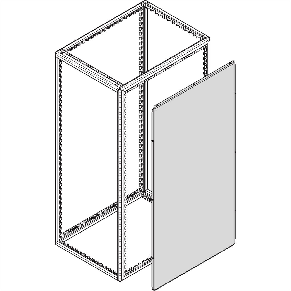 Isometrische Zeichnung eines rechteckigen Rahmengestells mit Frontplatte. Gezeigt sind die Struktur und offene Front eines Gehäuses.