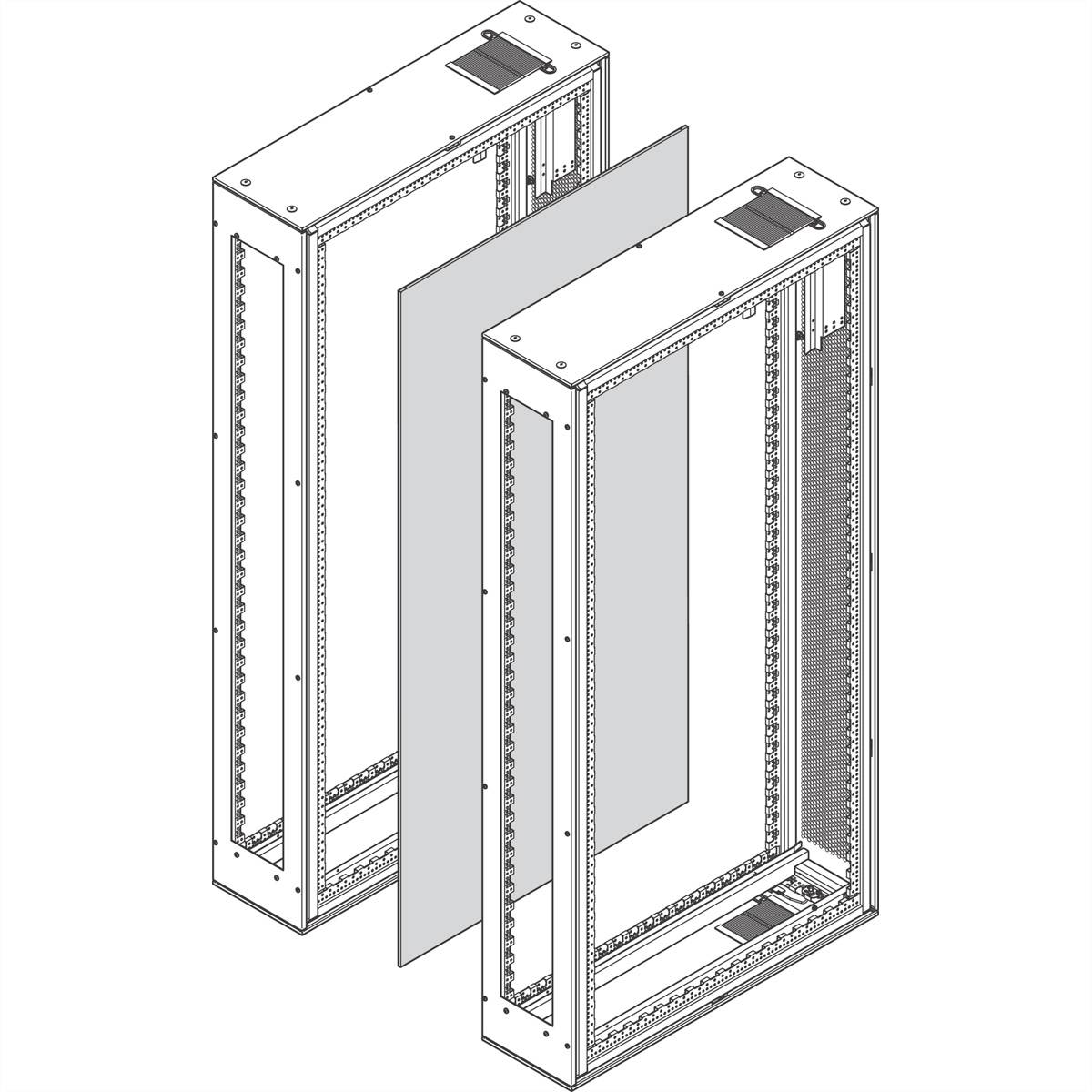 Zwei leere Server-Rahmen nebeneinander, ohne montierte Hardware. Sie zeigen den Platz und die Struktur für Serverkomponenten.