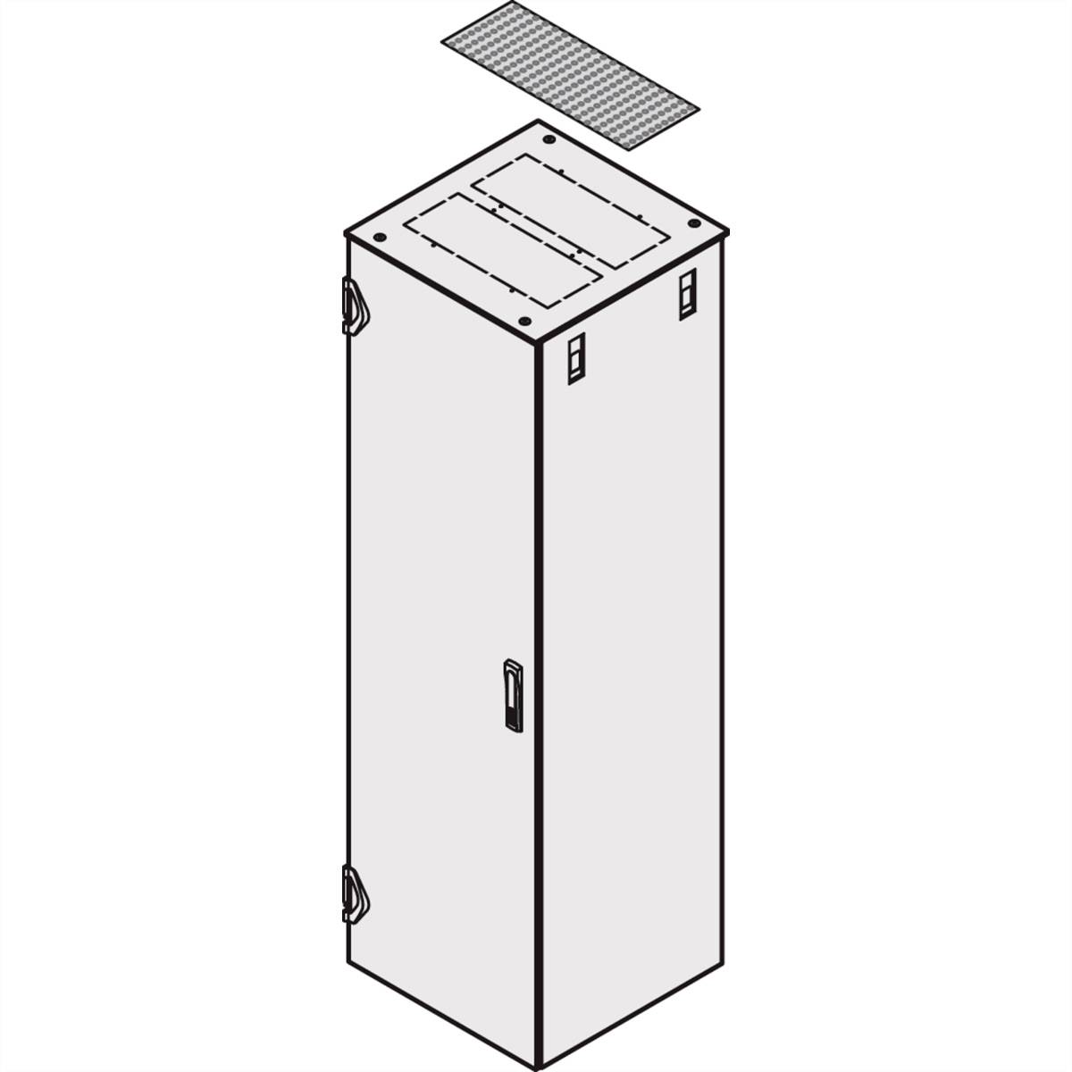 Strichzeichnung eines rechteckigen Schranks mit offener Tür, Aufsatzgitter oben. Geeignet für technische Einrichtungen oder Lagerung.