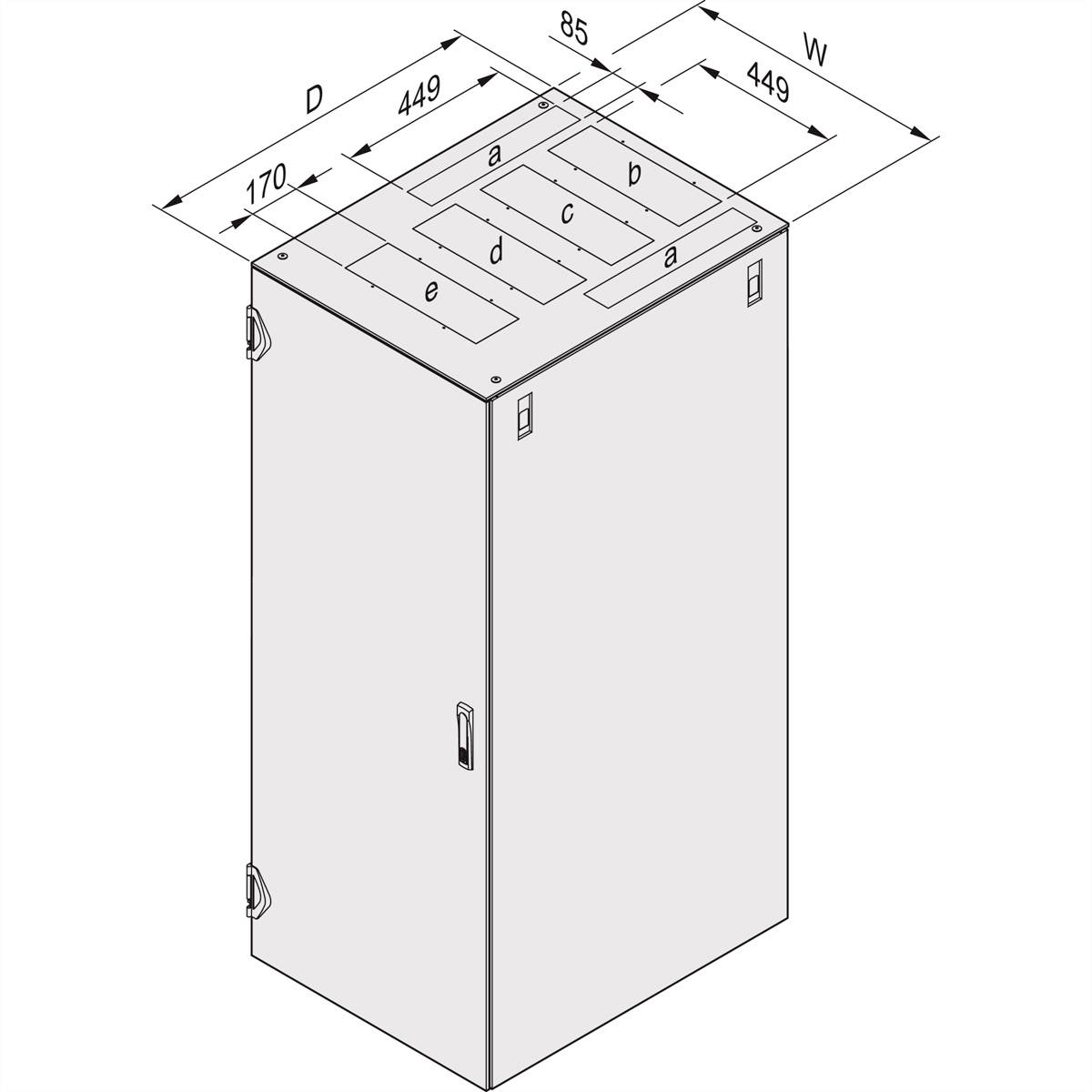 Technische Zeichnung zeigt rechteckigen Kasten mit Maßen: Tiefe (D) 449 mm, Breite (W) 449 mm, Höhe 170 mm, oberes Fach mit Abschnitten a-e.